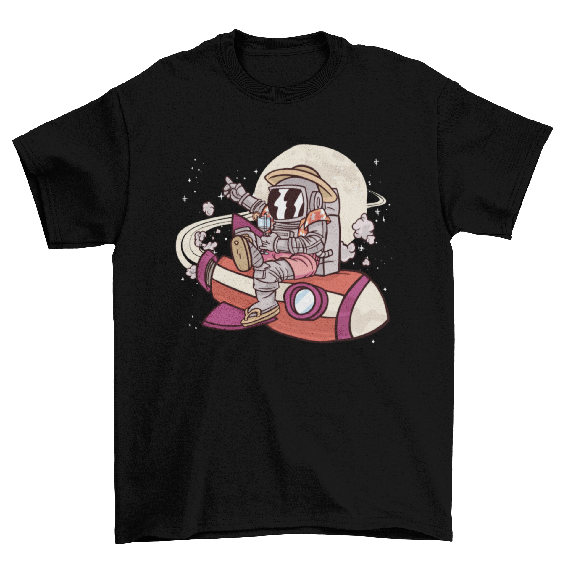 A stylish t-shirt featuring an astronaut illustration with tourist elements and a rocket design, perfect for space enthusiasts.