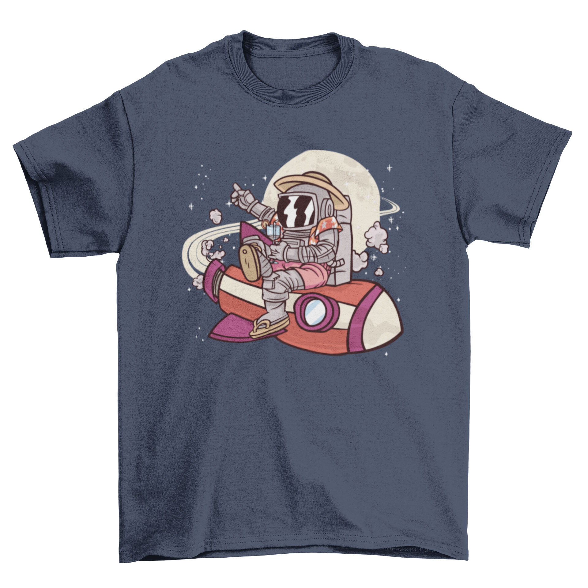 A stylish t-shirt featuring an astronaut illustration with tourist elements and a rocket design, perfect for space enthusiasts.