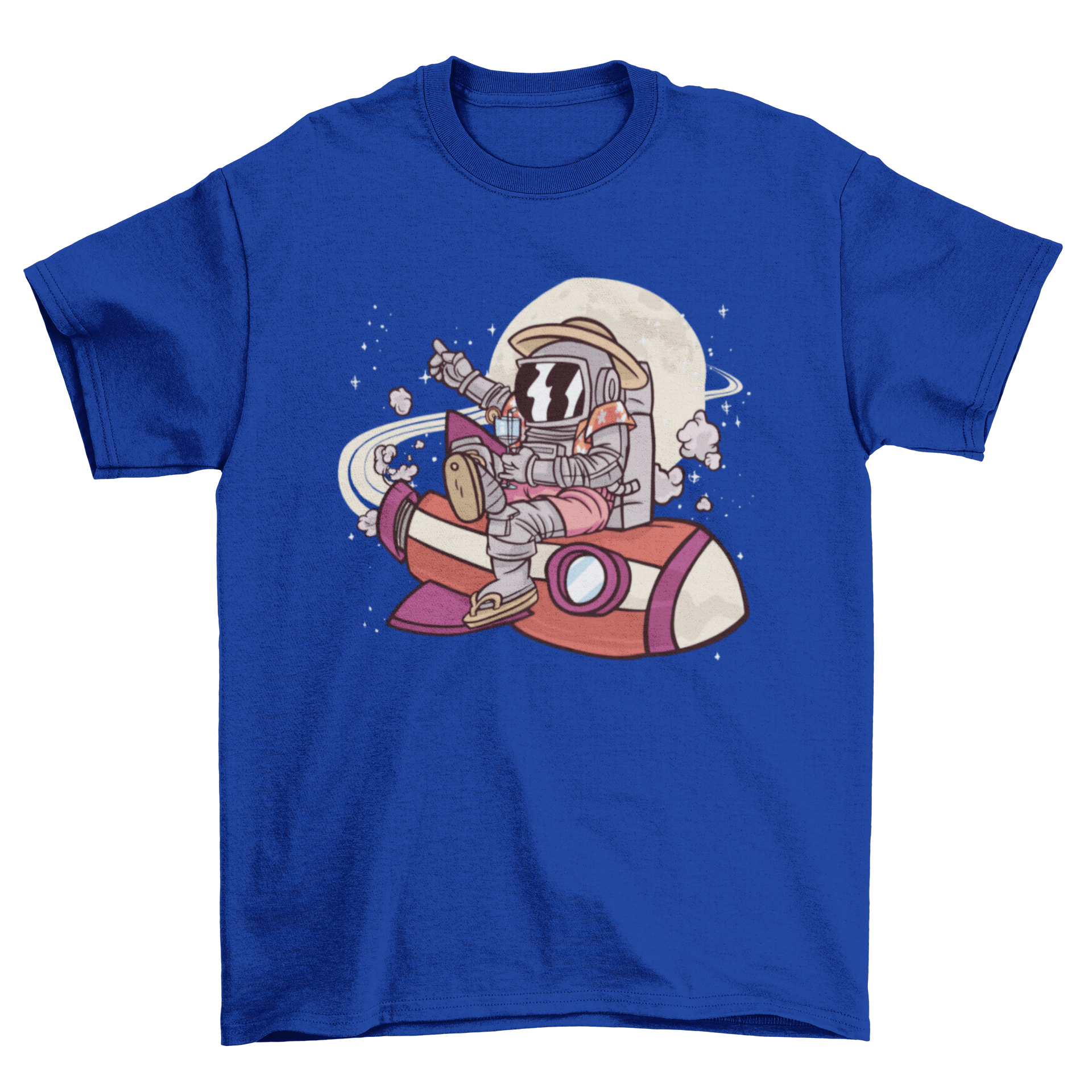 A stylish t-shirt featuring an astronaut illustration with tourist elements and a rocket design, perfect for space enthusiasts.