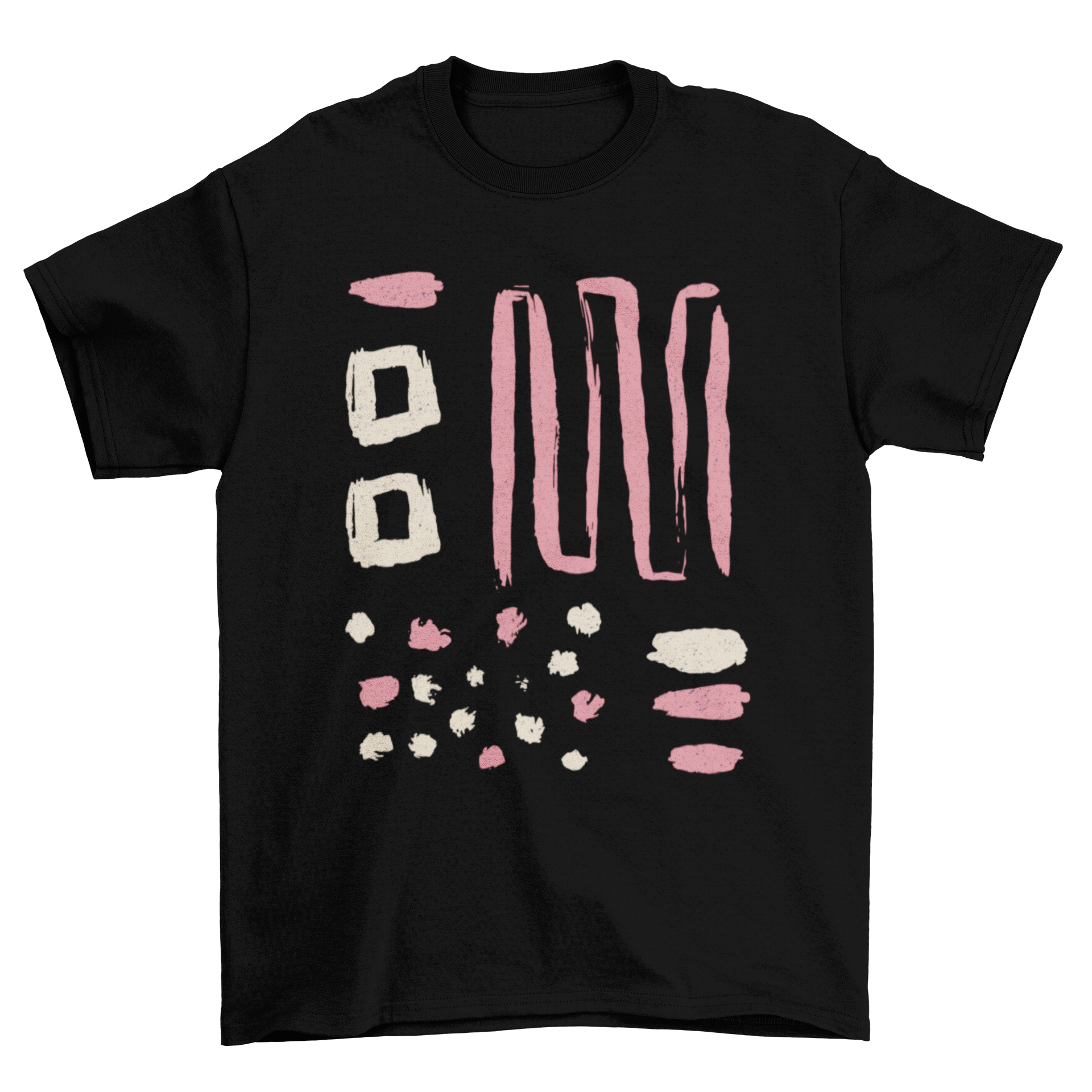 Abstract t-shirt featuring irregular pink and white square dots and lines design.