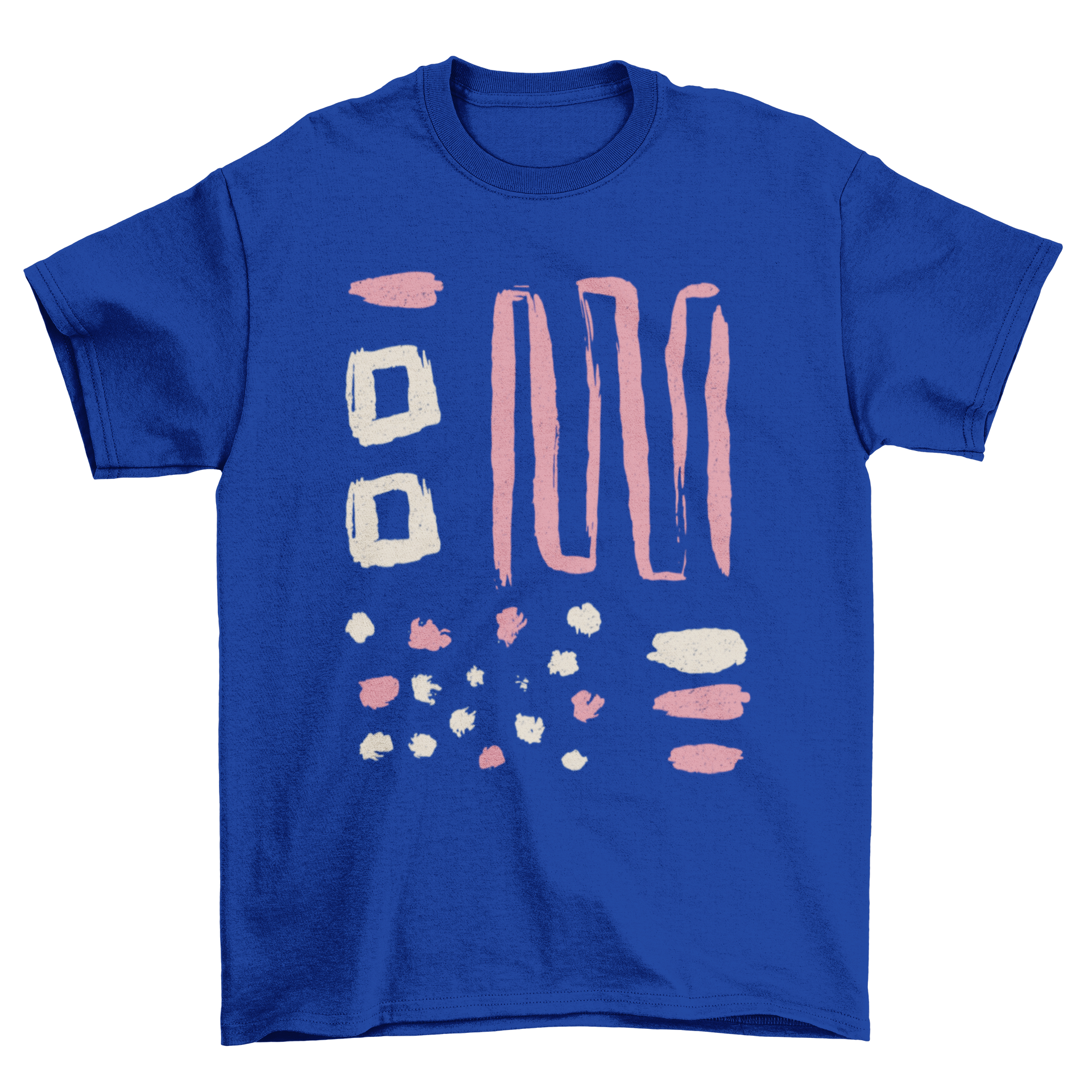 Abstract t-shirt featuring irregular pink and white square dots and lines design.