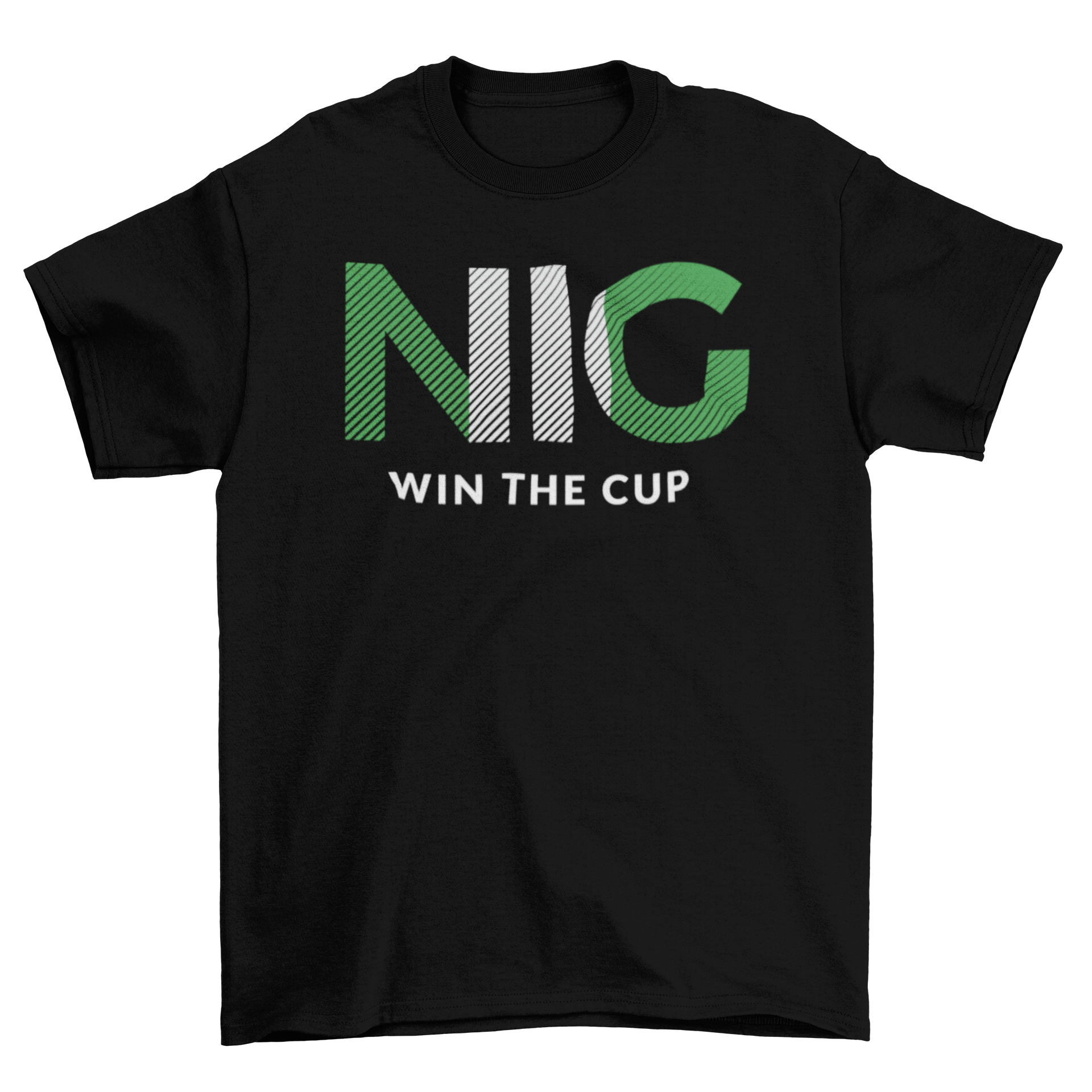 Nigeria World Cup t-shirt featuring NIG letters and Nigeria flag design with 'Win the Cup' caption.