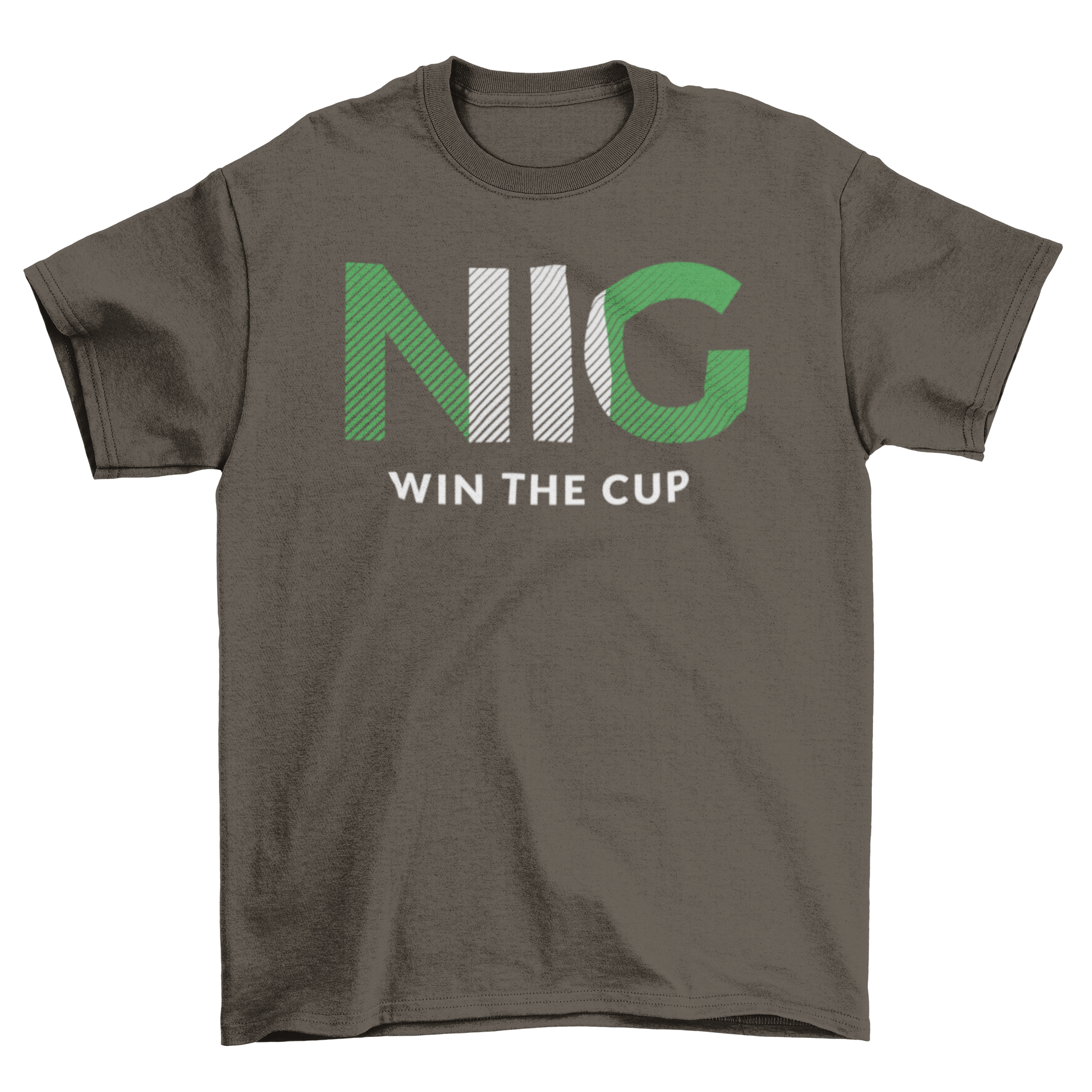 Nigeria World Cup t-shirt featuring NIG letters and Nigeria flag design with 'Win the Cup' caption.