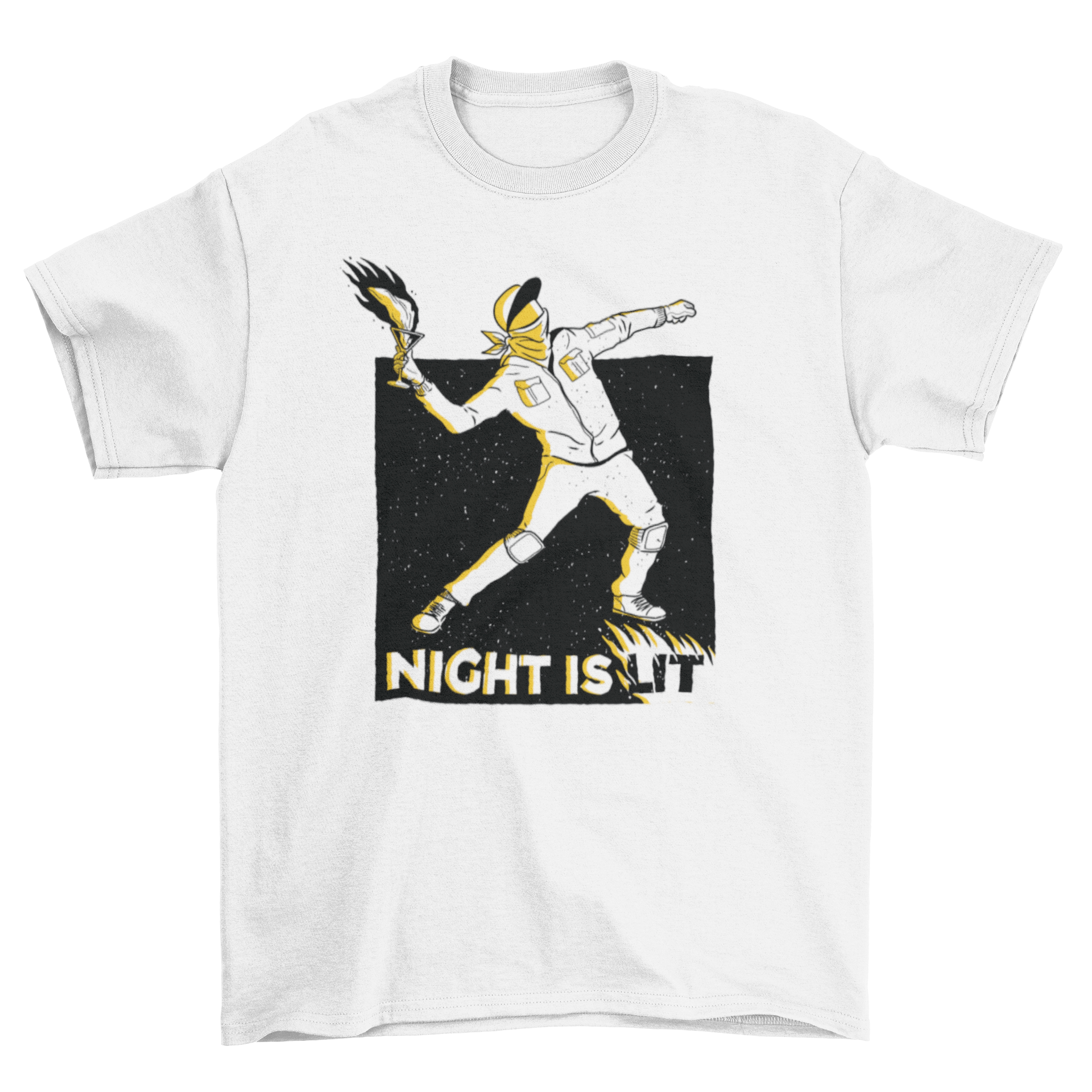 Night is Lit t-shirt featuring a hooligan cartoon throwing a flaming glass with bold caption.