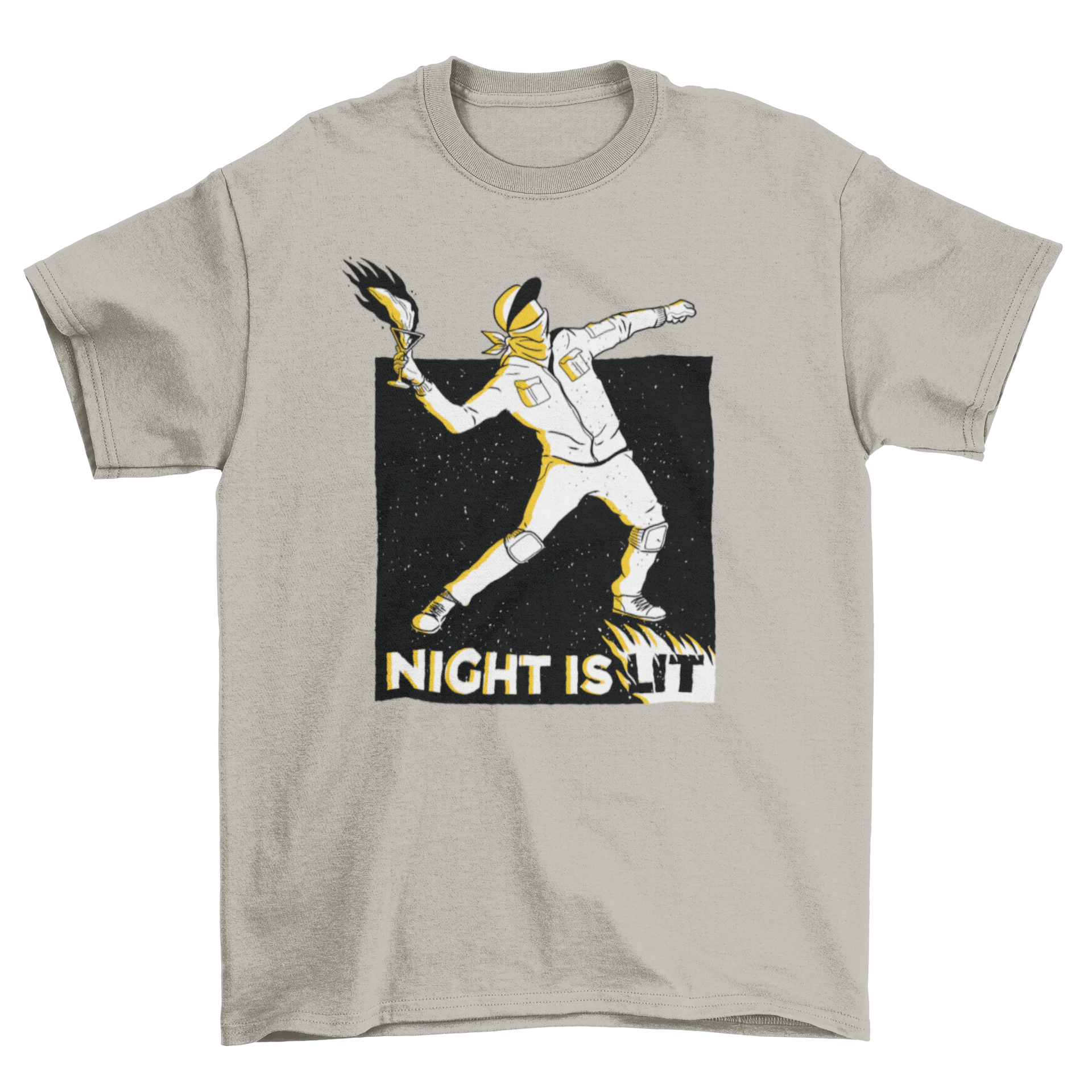 Night is Lit t-shirt featuring a hooligan cartoon throwing a flaming glass with bold caption.