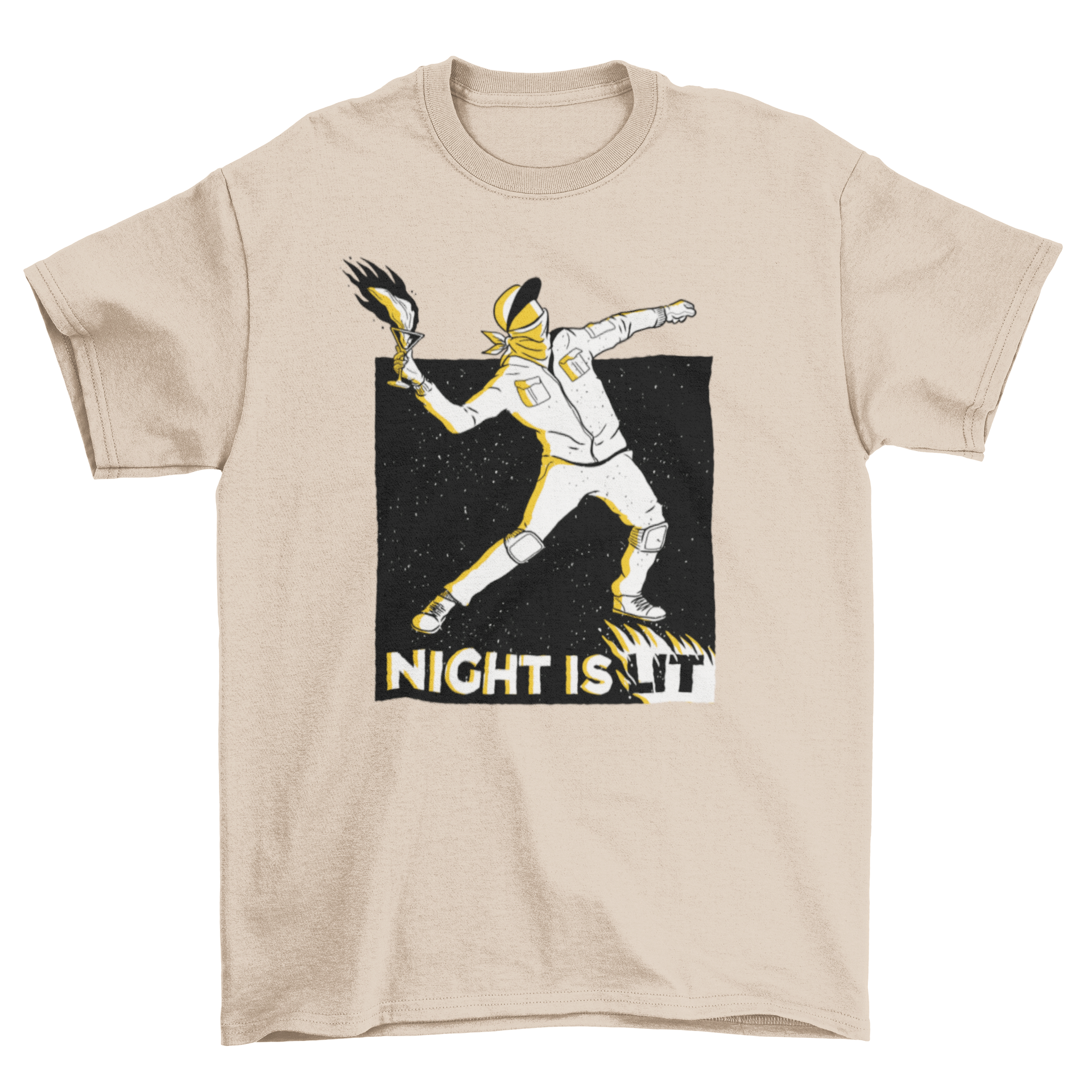 Night is Lit t-shirt featuring a hooligan cartoon throwing a flaming glass with bold caption.