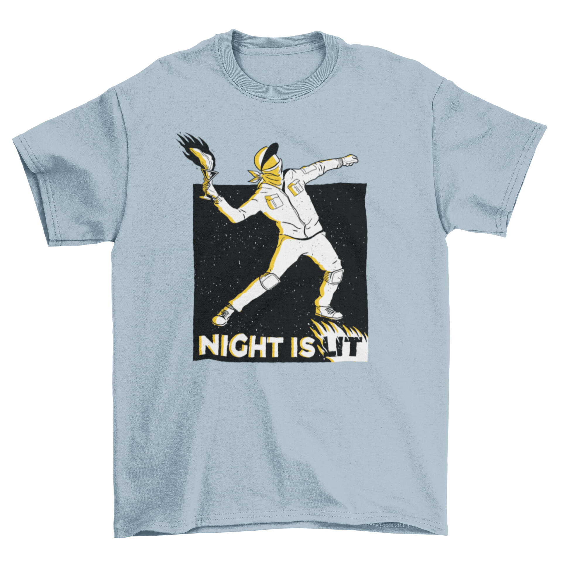 Night is Lit t-shirt featuring a hooligan cartoon throwing a flaming glass with bold caption.