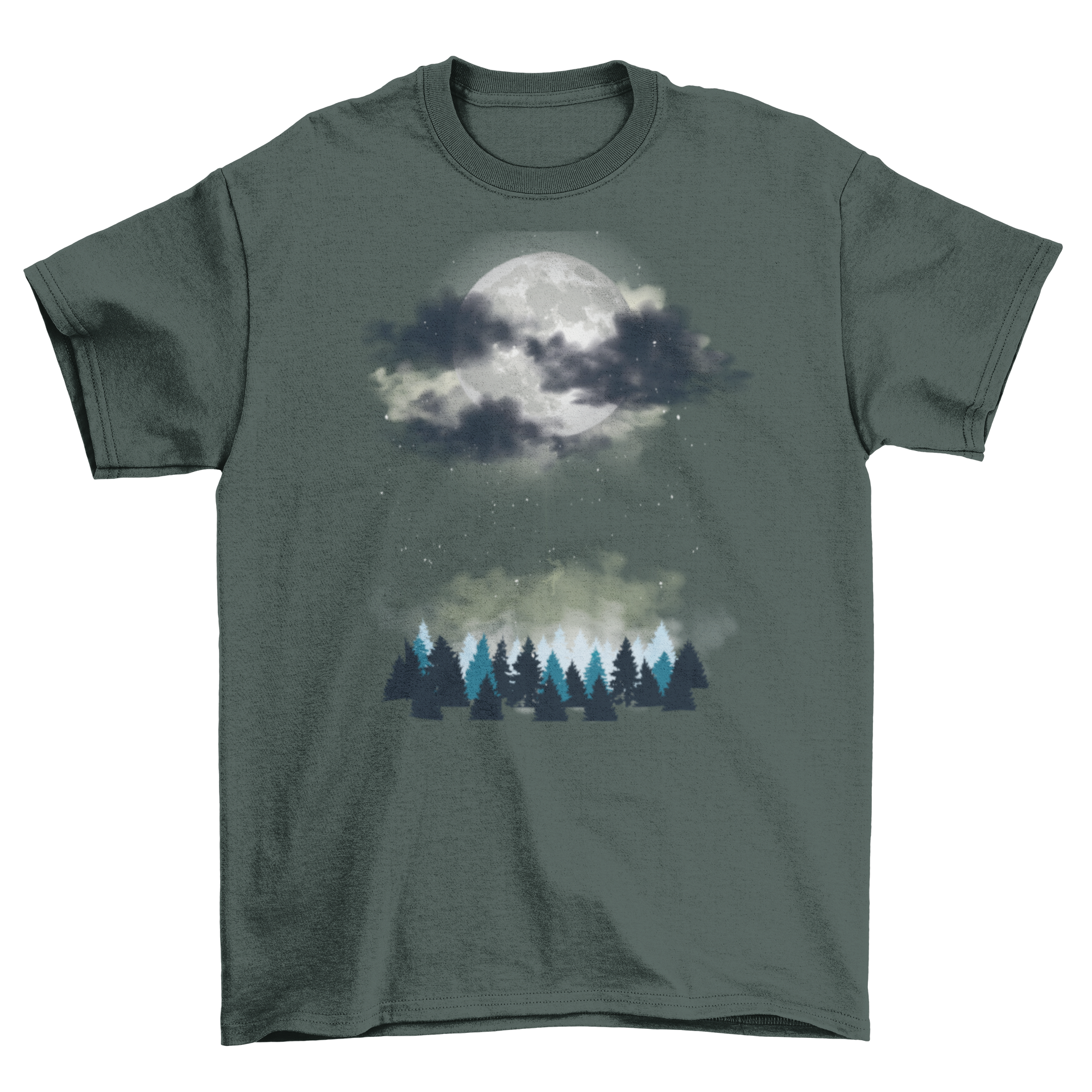 Night Landscape T-shirt featuring watercolor design of pine trees and a full moon behind clouds.