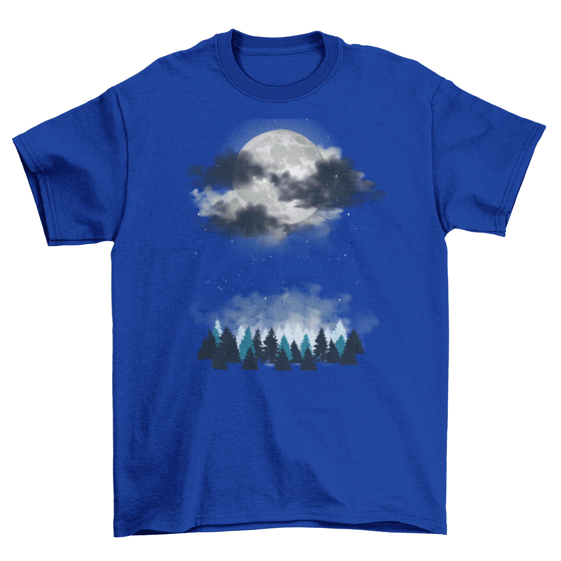 Night Landscape T-shirt featuring watercolor design of pine trees and a full moon behind clouds.