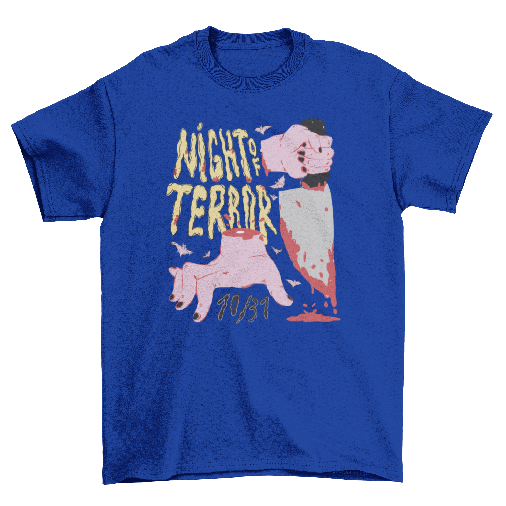 Night of Terror t-shirt featuring two bloody hands and a knife with a haunting quote.