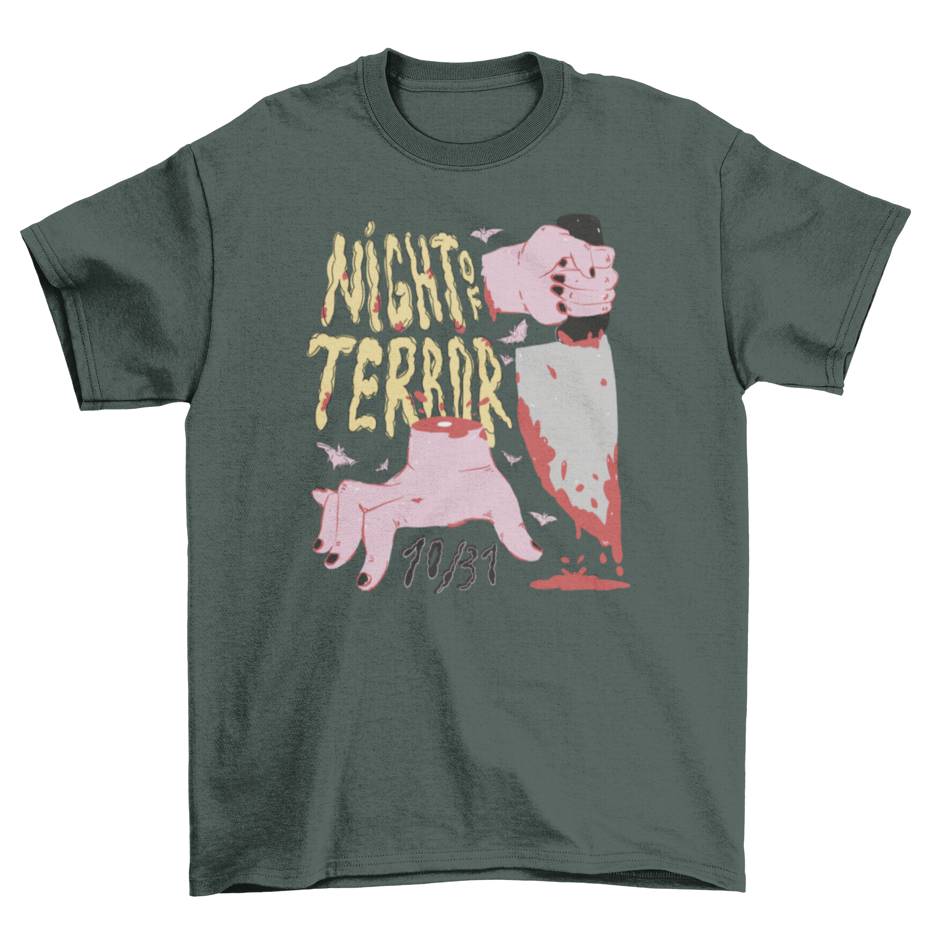 Night of Terror t-shirt featuring two bloody hands and a knife with a haunting quote.