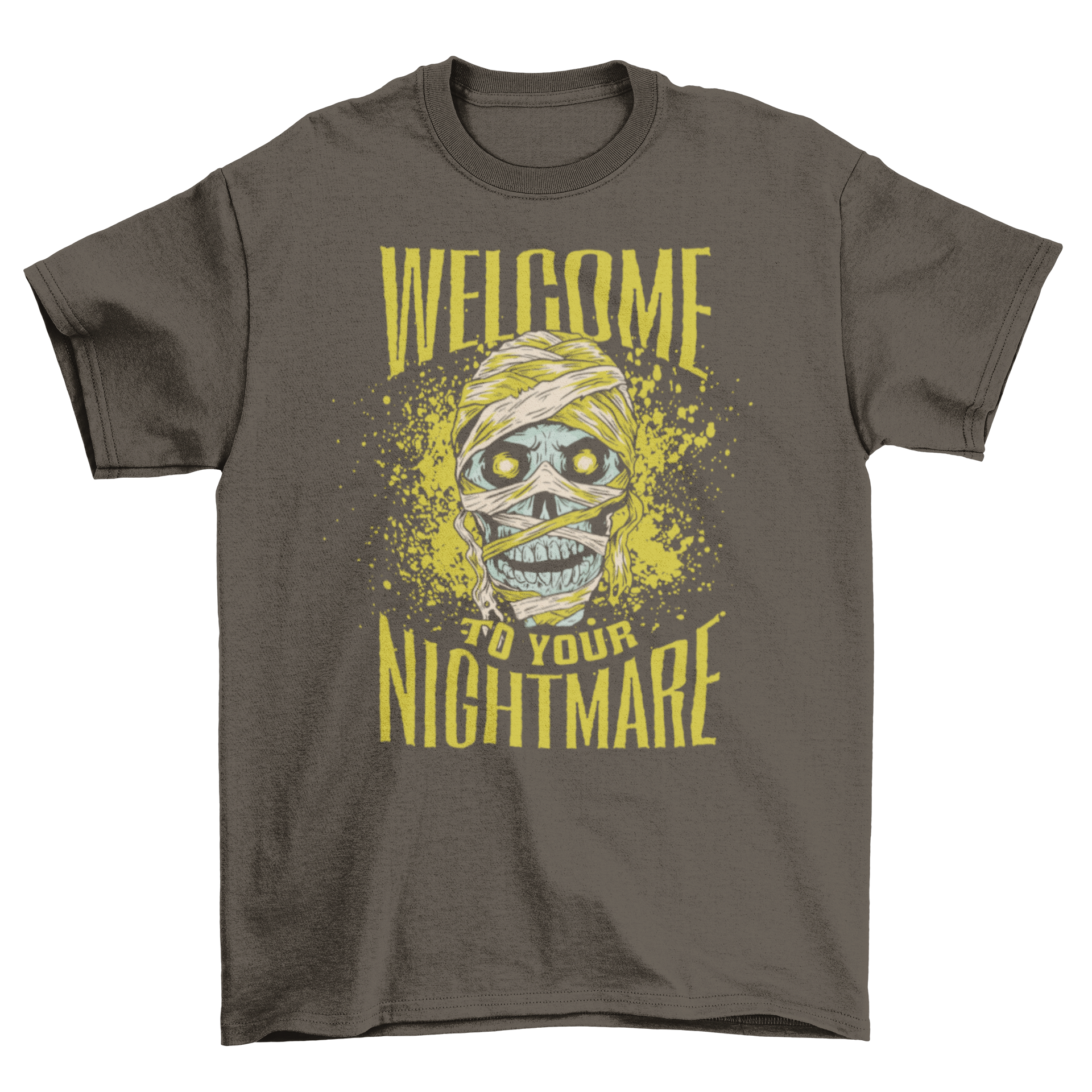 Nightmare Mummy Halloween T-shirt featuring a spooky mummy illustration and the quote 'Welcome to your nightmare'.