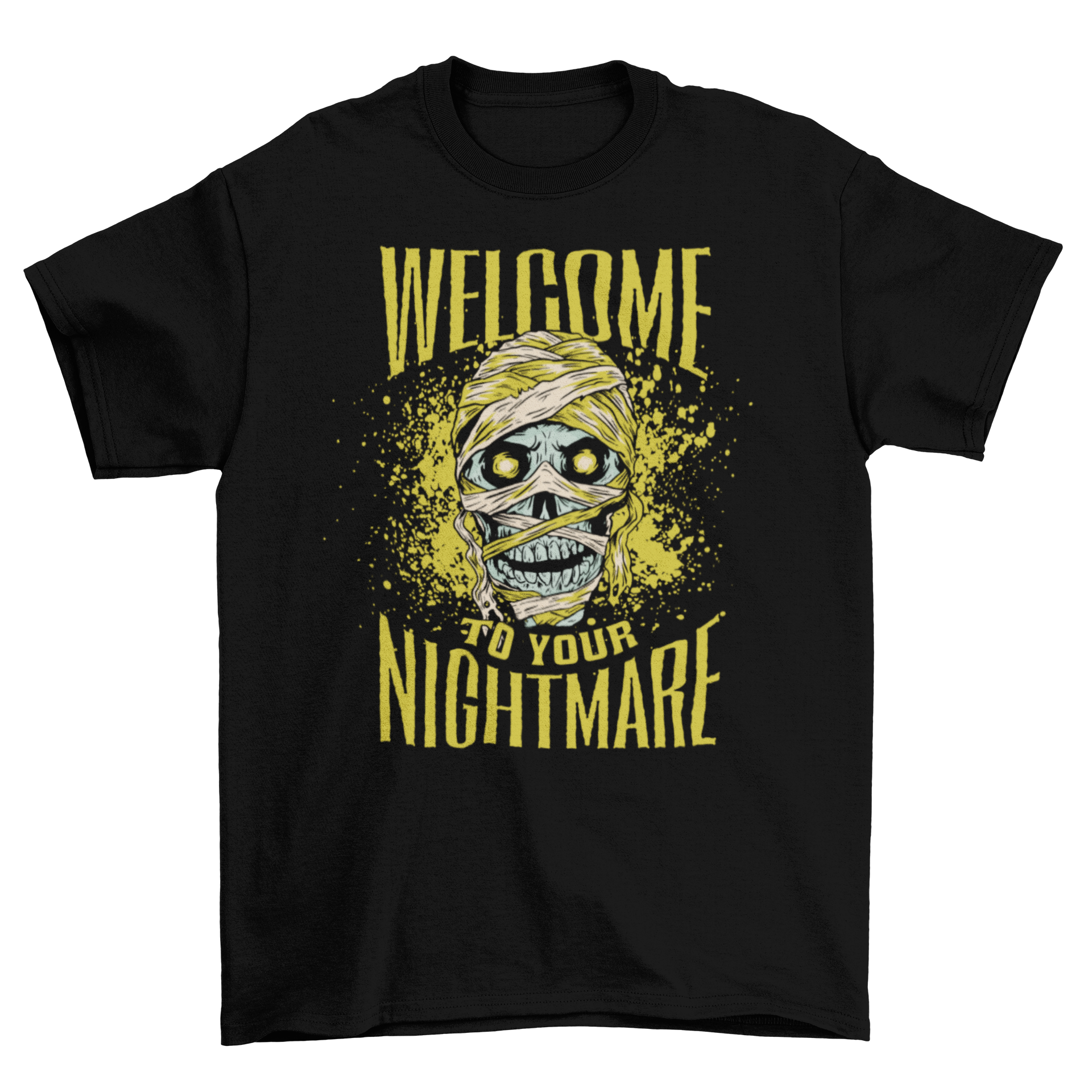 Nightmare Mummy Halloween T-shirt featuring a spooky mummy illustration and the quote 'Welcome to your nightmare'.