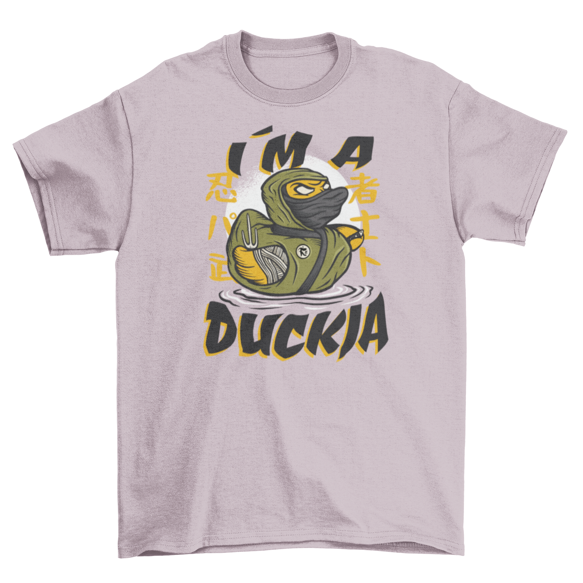 A humorous t-shirt featuring a rubber duck dressed as a ninja with the caption 'I'm a duckja'.