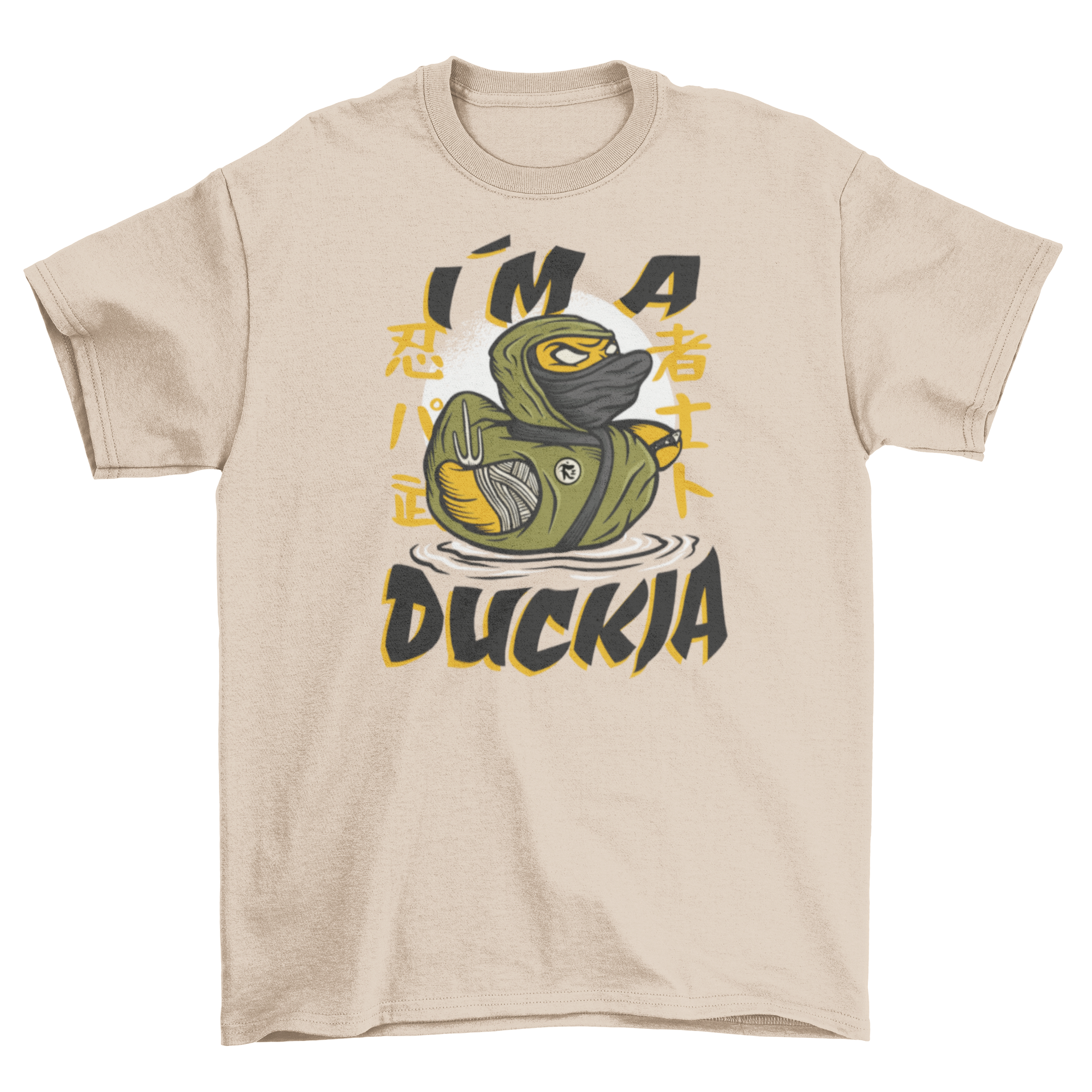 A humorous t-shirt featuring a rubber duck dressed as a ninja with the caption 'I'm a duckja'.