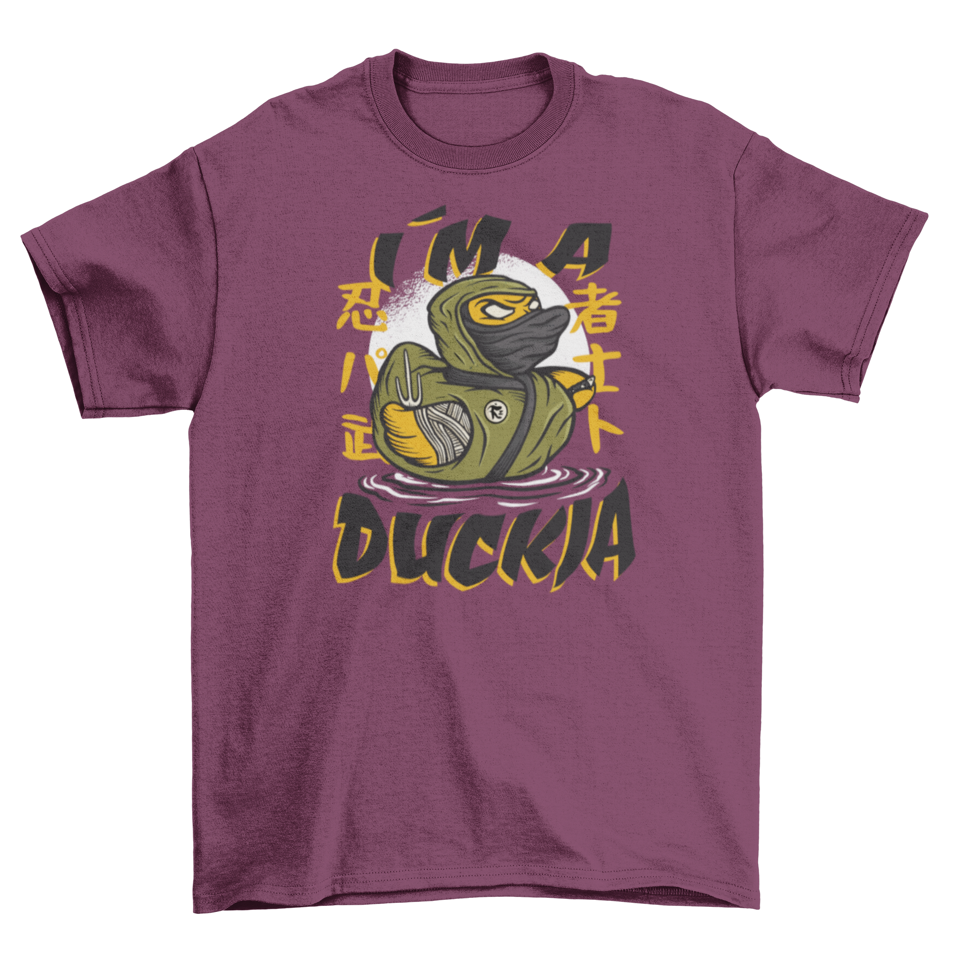 A humorous t-shirt featuring a rubber duck dressed as a ninja with the caption 'I'm a duckja'.