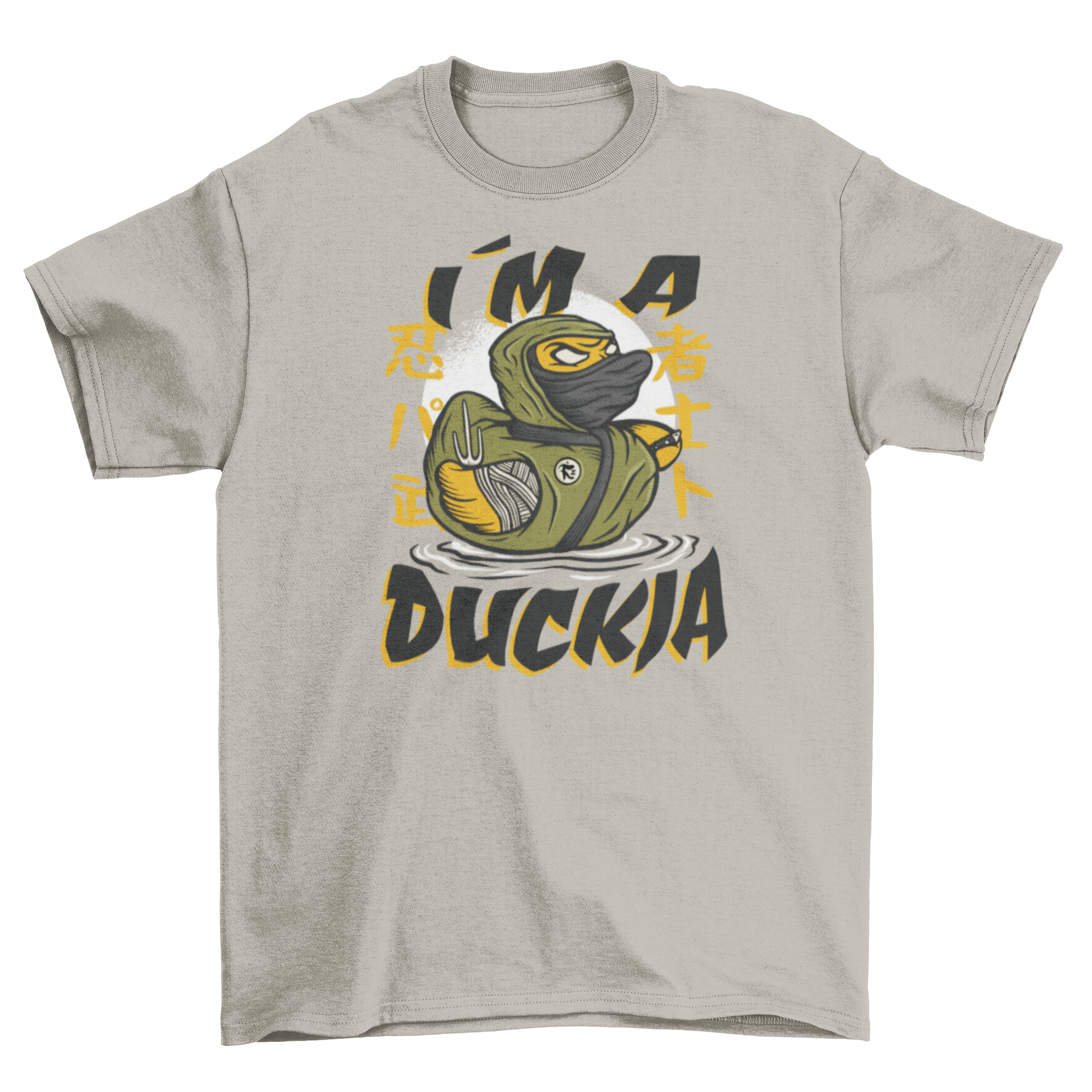 A humorous t-shirt featuring a rubber duck dressed as a ninja with the caption 'I'm a duckja'.