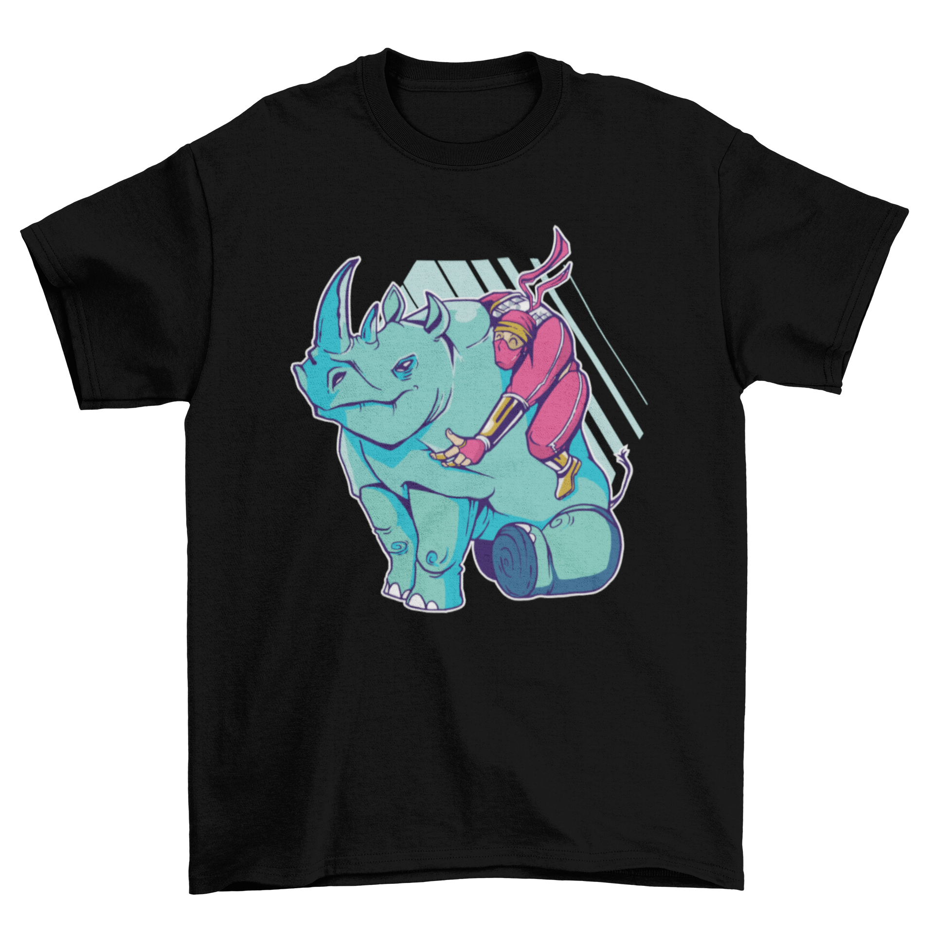 Colorful Ninja Rhino T-Shirt featuring a friendly ninja in pink riding an angry rhinoceros, showcasing a playful and unique design.