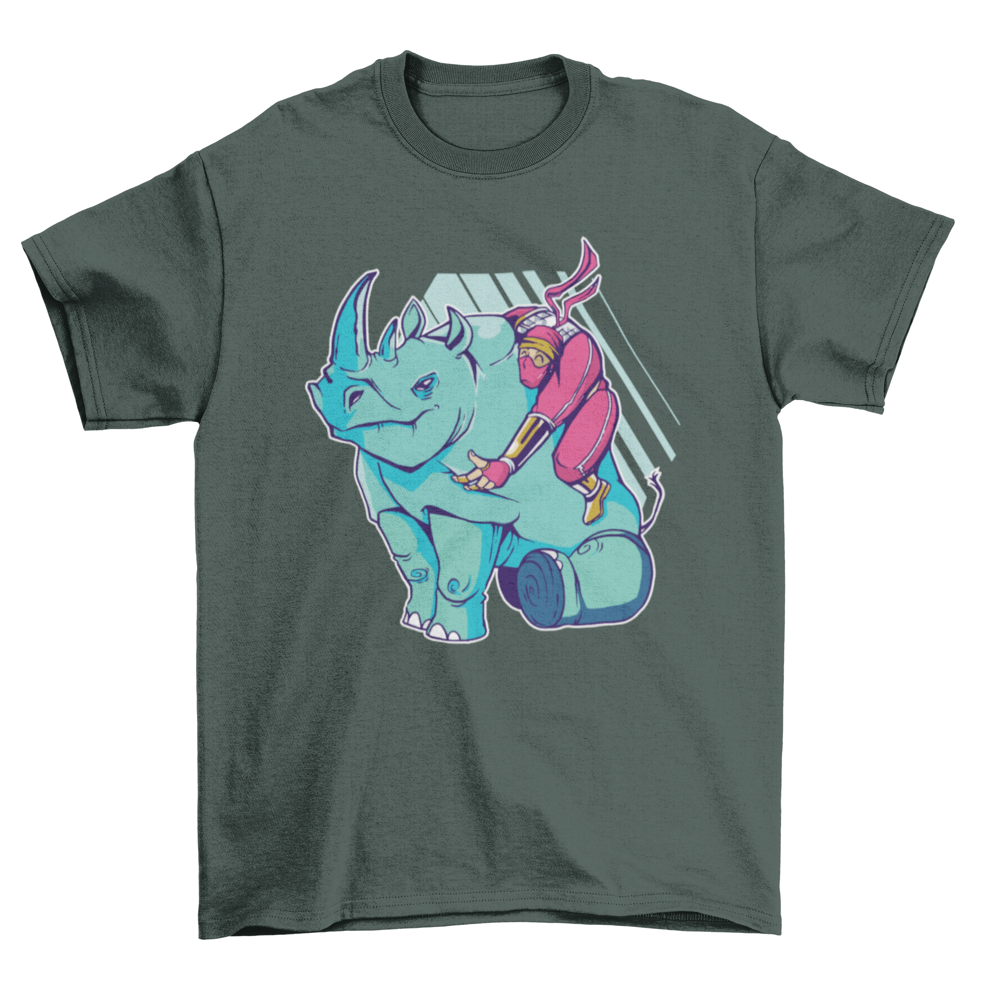 Colorful Ninja Rhino T-Shirt featuring a friendly ninja in pink riding an angry rhinoceros, showcasing a playful and unique design.