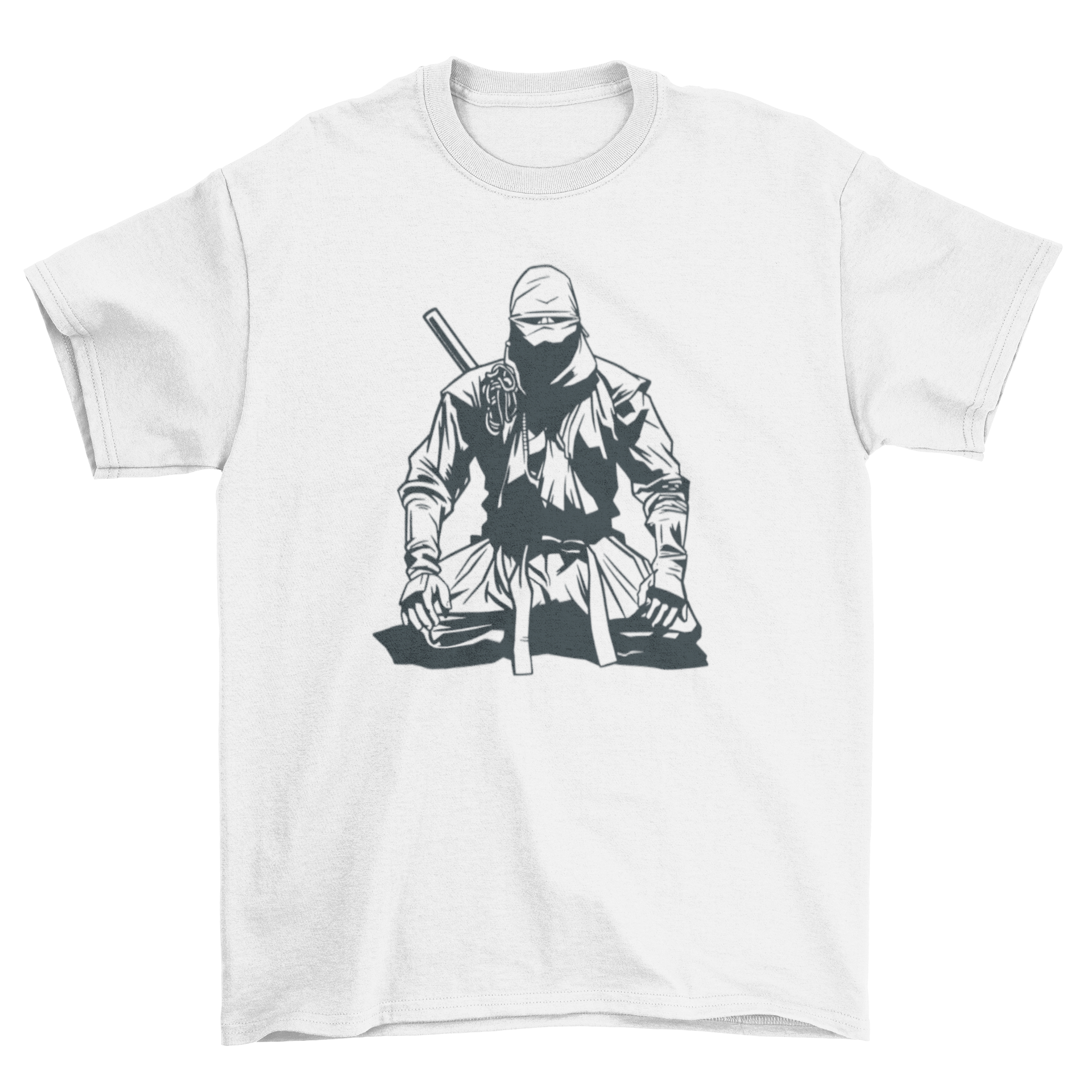 A stylish black t-shirt featuring a ninja sitting down with the caption 'Ninjutsu', perfect for martial arts enthusiasts.