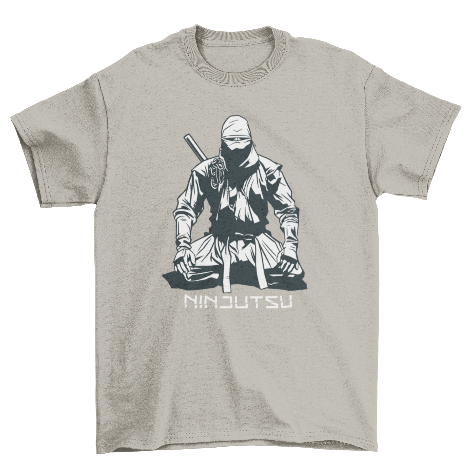 A stylish black t-shirt featuring a ninja sitting down with the caption 'Ninjutsu', perfect for martial arts enthusiasts.