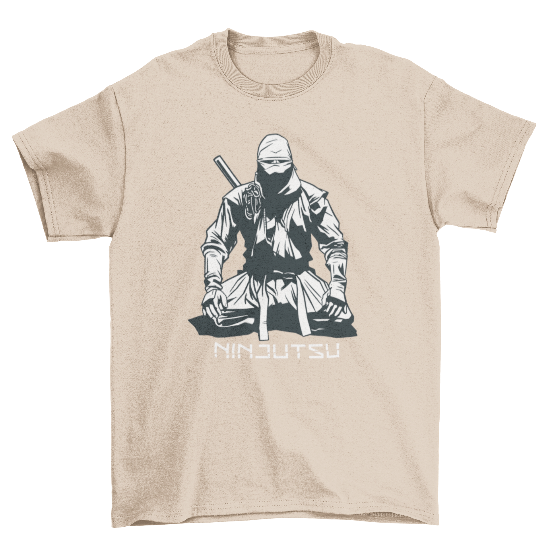 A stylish black t-shirt featuring a ninja sitting down with the caption 'Ninjutsu', perfect for martial arts enthusiasts.