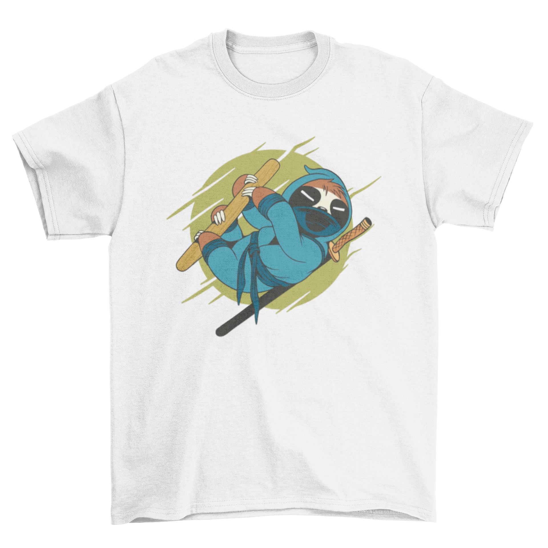 A humorous T-shirt featuring a sloth dressed as a ninja, showcasing a playful design.