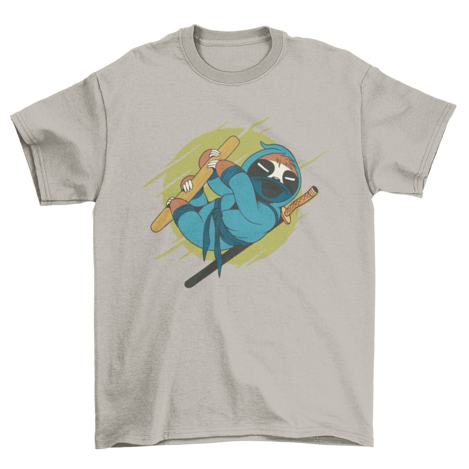 A humorous T-shirt featuring a sloth dressed as a ninja, showcasing a playful design.