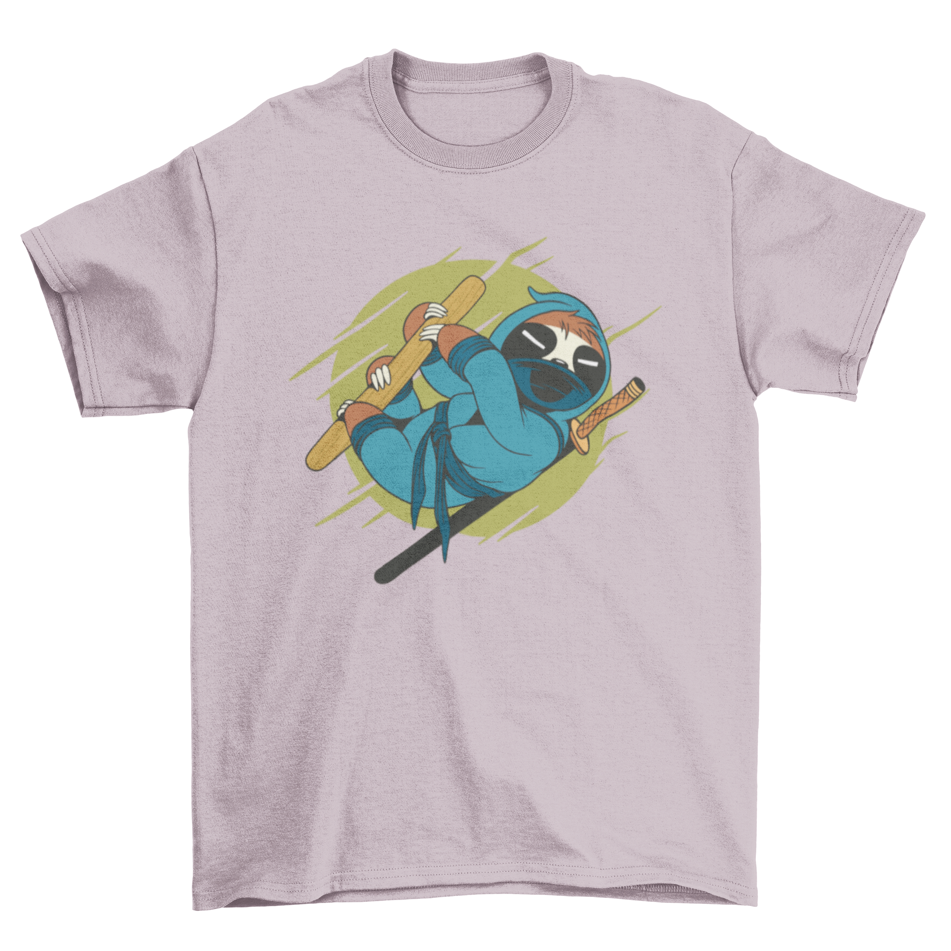 A humorous T-shirt featuring a sloth dressed as a ninja, showcasing a playful design.