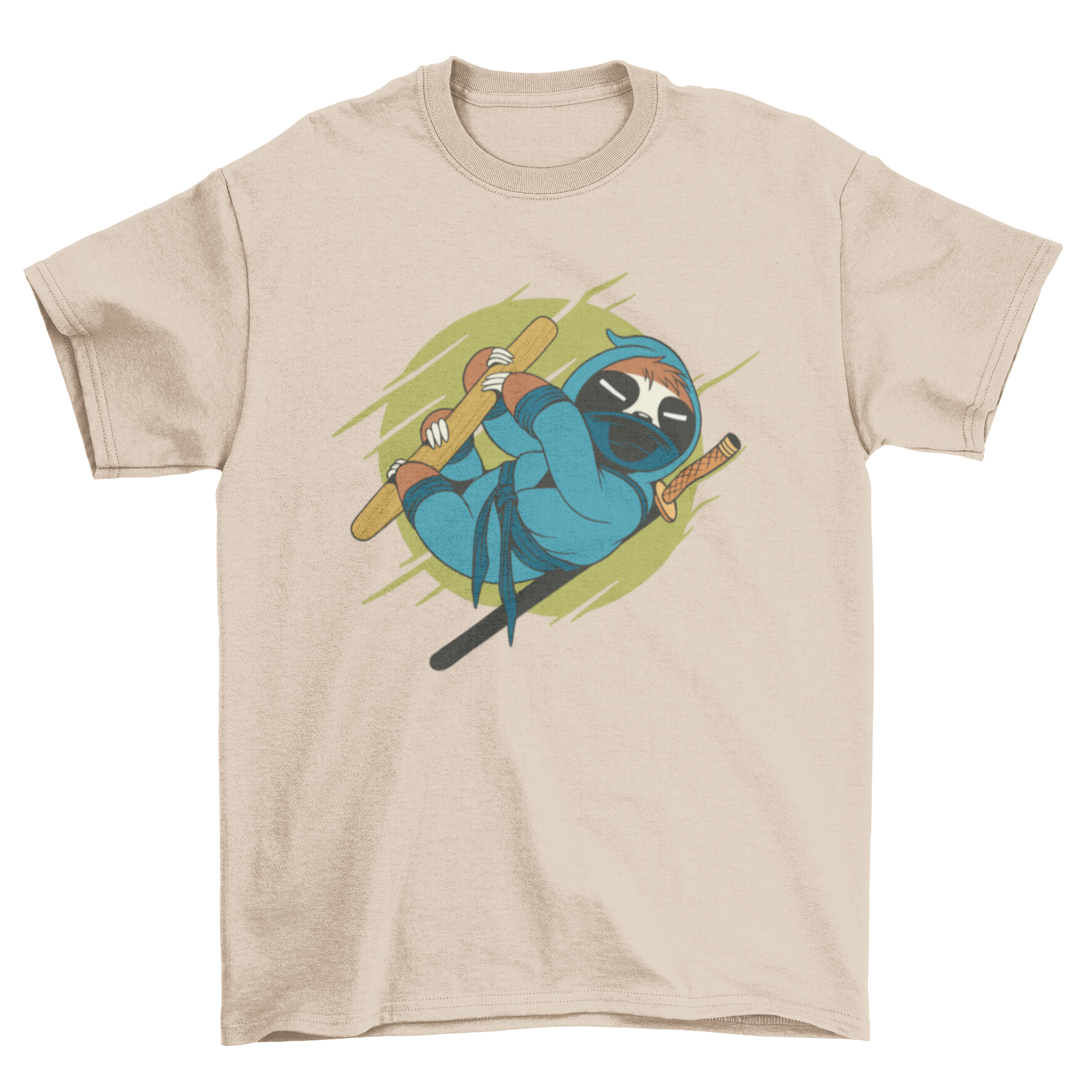 A humorous T-shirt featuring a sloth dressed as a ninja, showcasing a playful design.