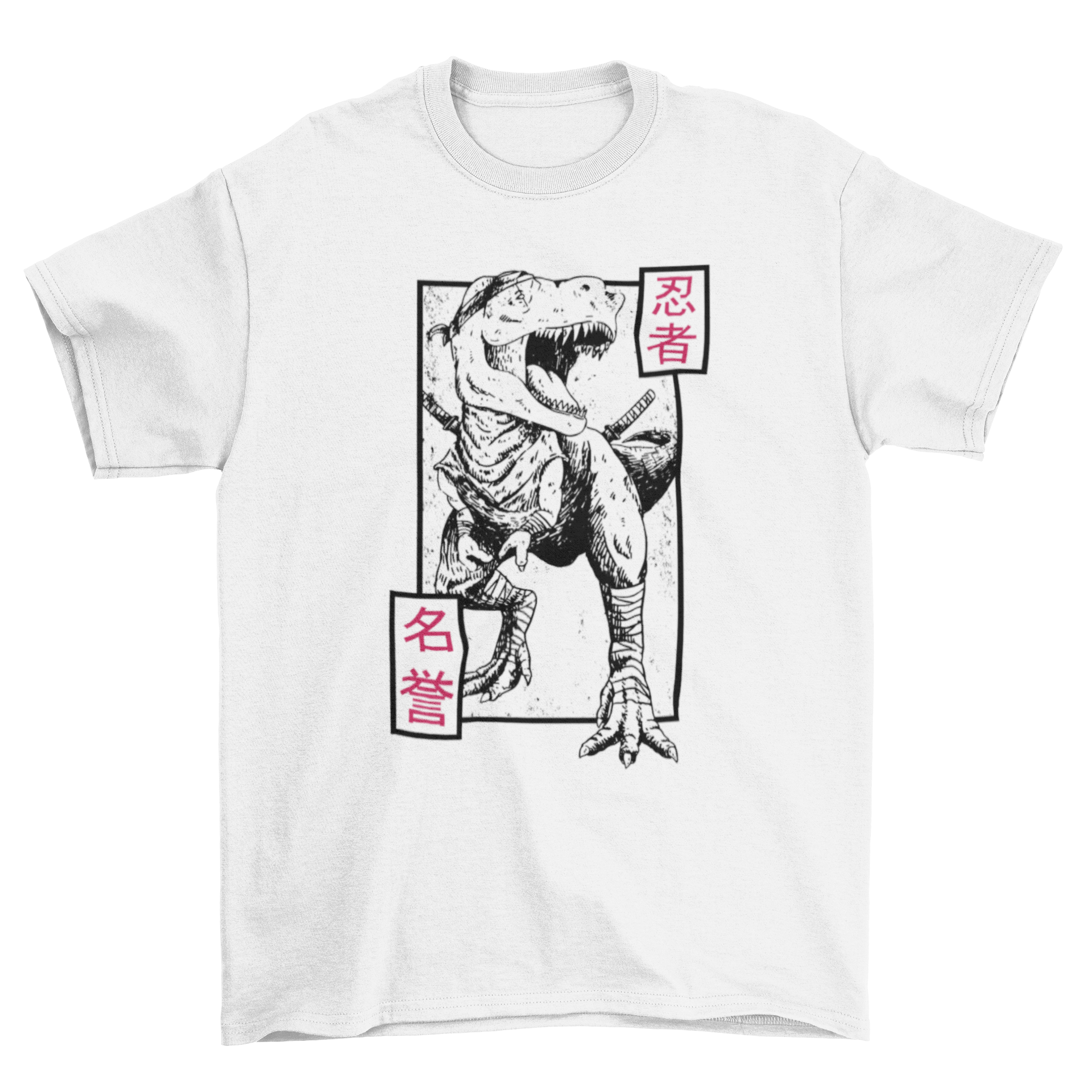 A stylish Ninja T-Rex T-Shirt featuring a hand-drawn design of a dinosaur dressed as a ninja, perfect for casual wear.