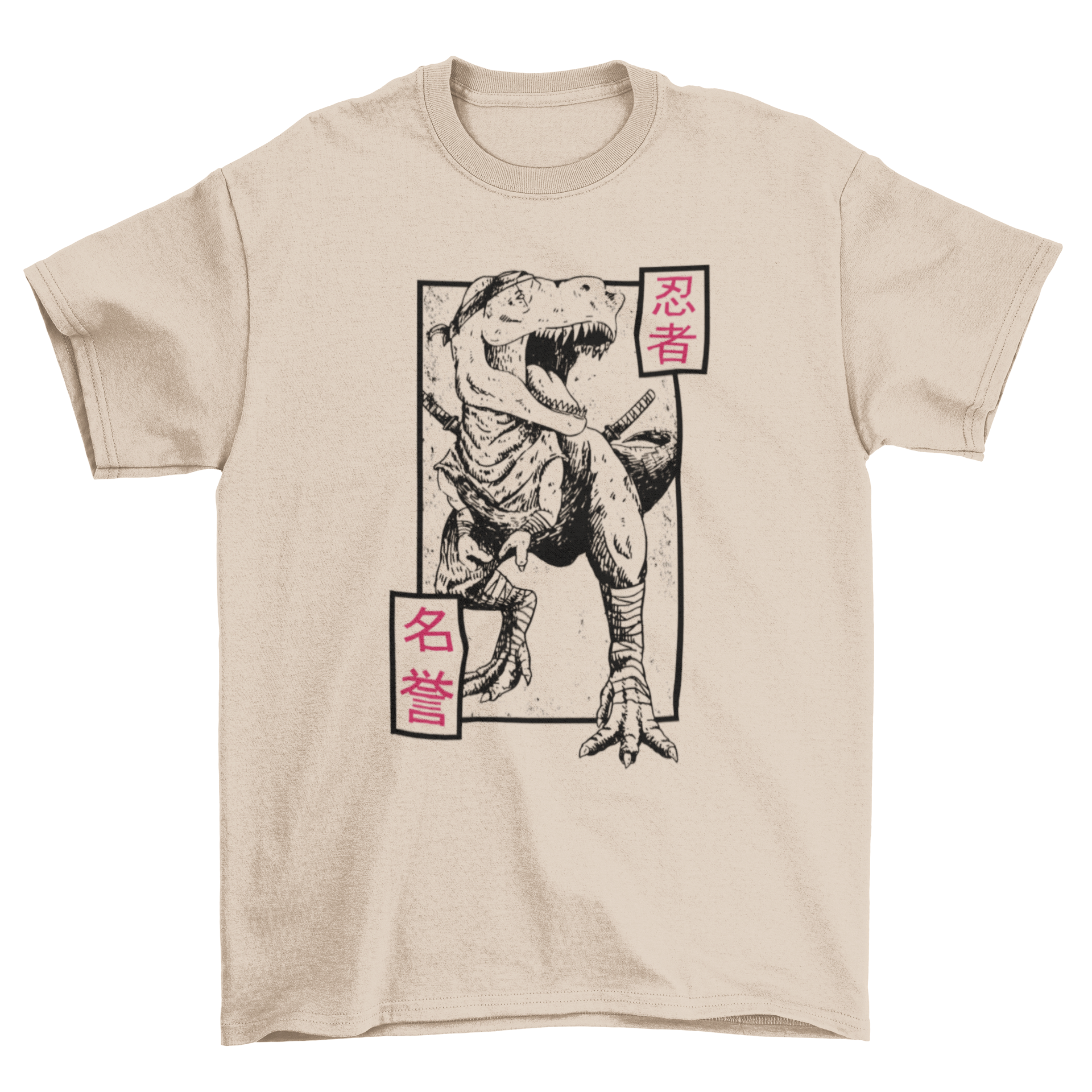 A stylish Ninja T-Rex T-Shirt featuring a hand-drawn design of a dinosaur dressed as a ninja, perfect for casual wear.