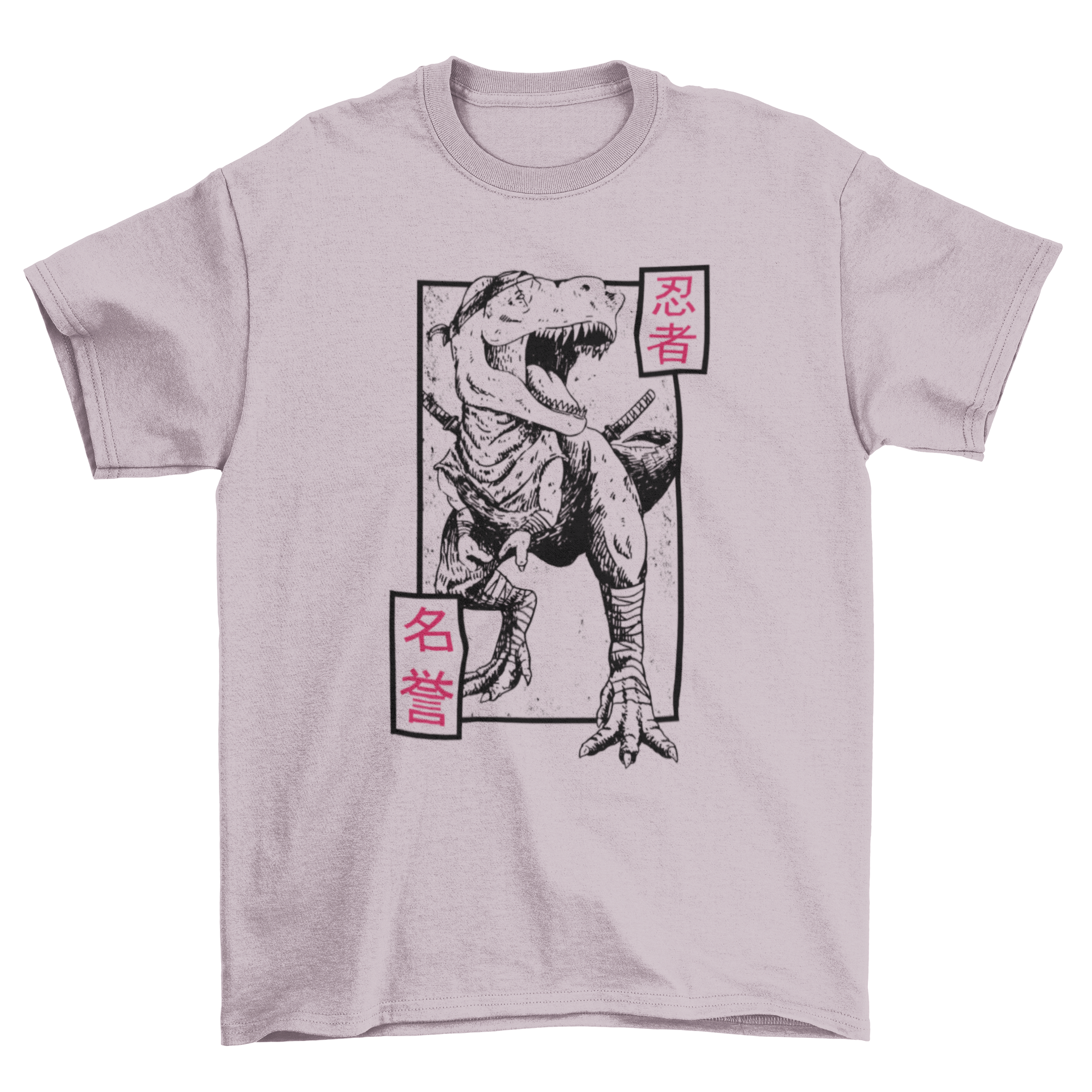 A stylish Ninja T-Rex T-Shirt featuring a hand-drawn design of a dinosaur dressed as a ninja, perfect for casual wear.