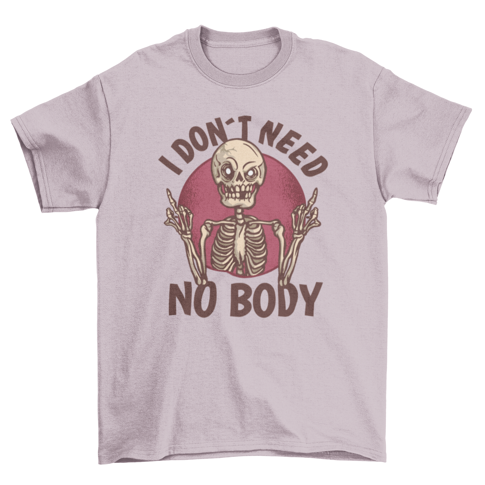 A spooky t-shirt featuring a skeleton with middle fingers and the quote 'I don't need no body'.