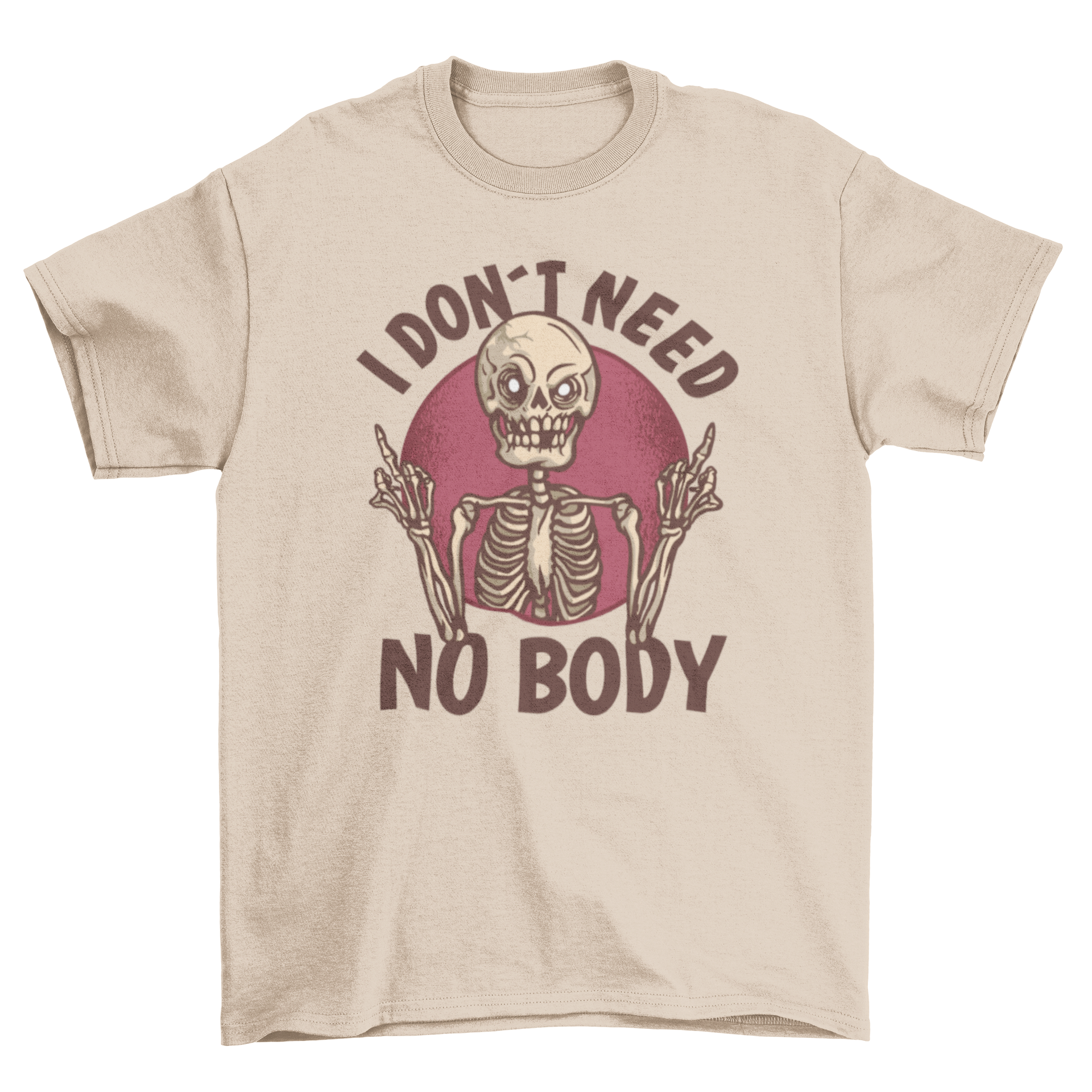 Skeleton graphic on T-shirt.