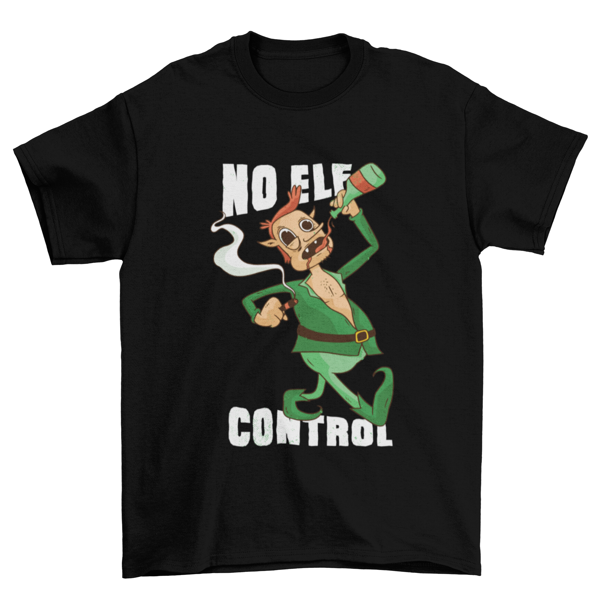 Funny 'No Elf Control' t-shirt featuring an elf drinking and smoking with humorous caption.