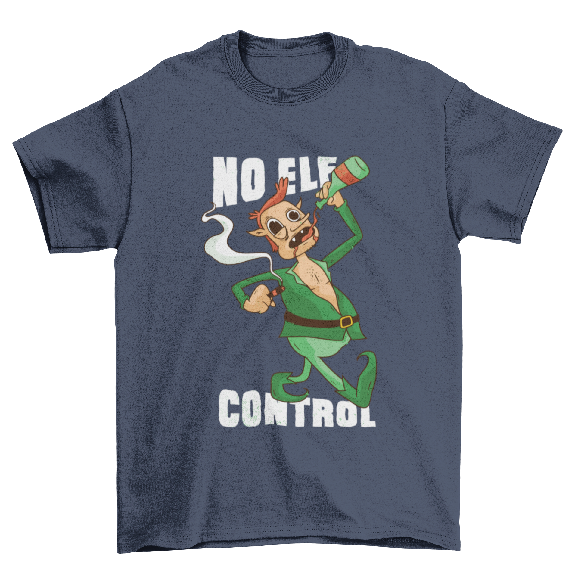 Funny 'No Elf Control' t-shirt featuring an elf drinking and smoking with humorous caption.