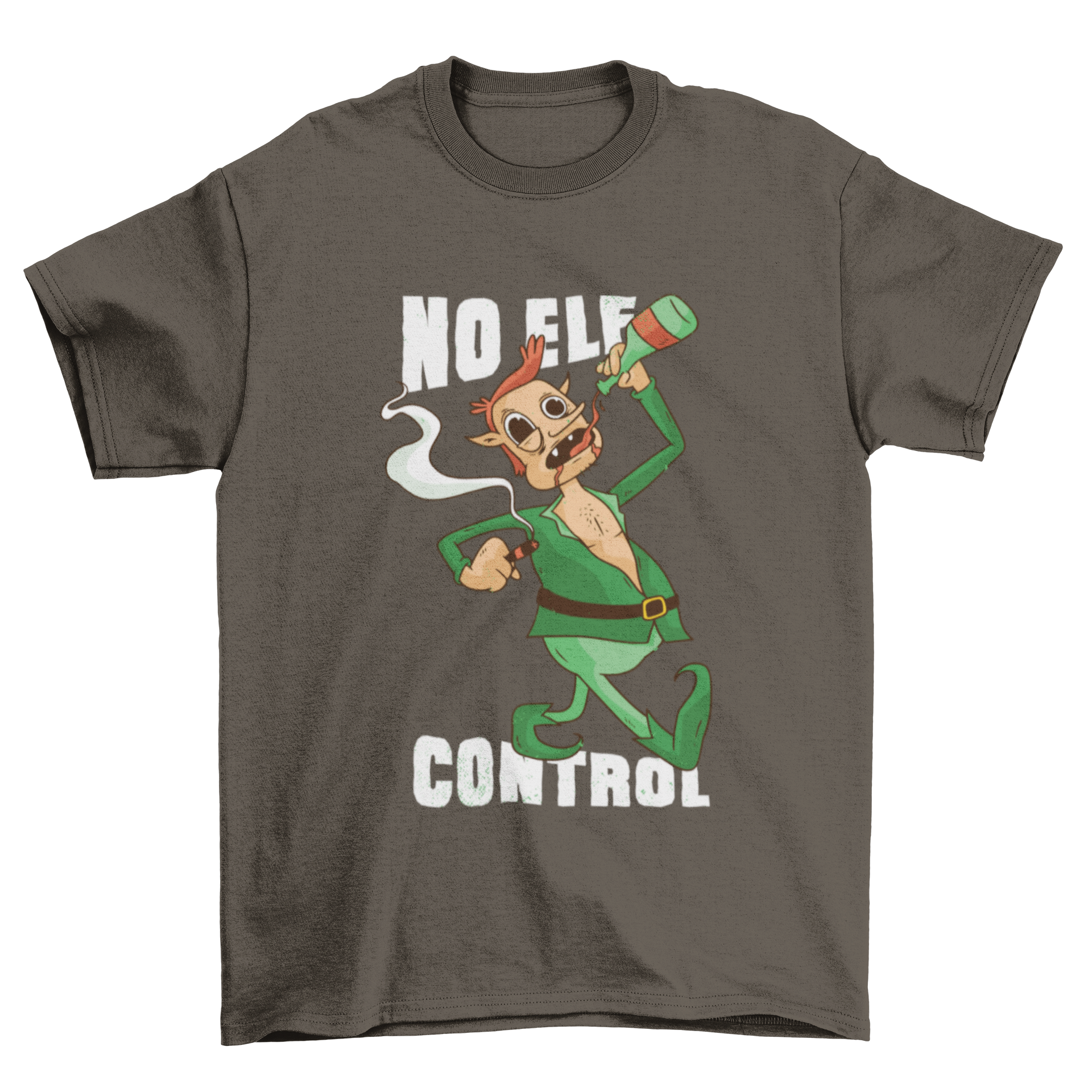 Funny 'No Elf Control' t-shirt featuring an elf drinking and smoking with humorous caption.