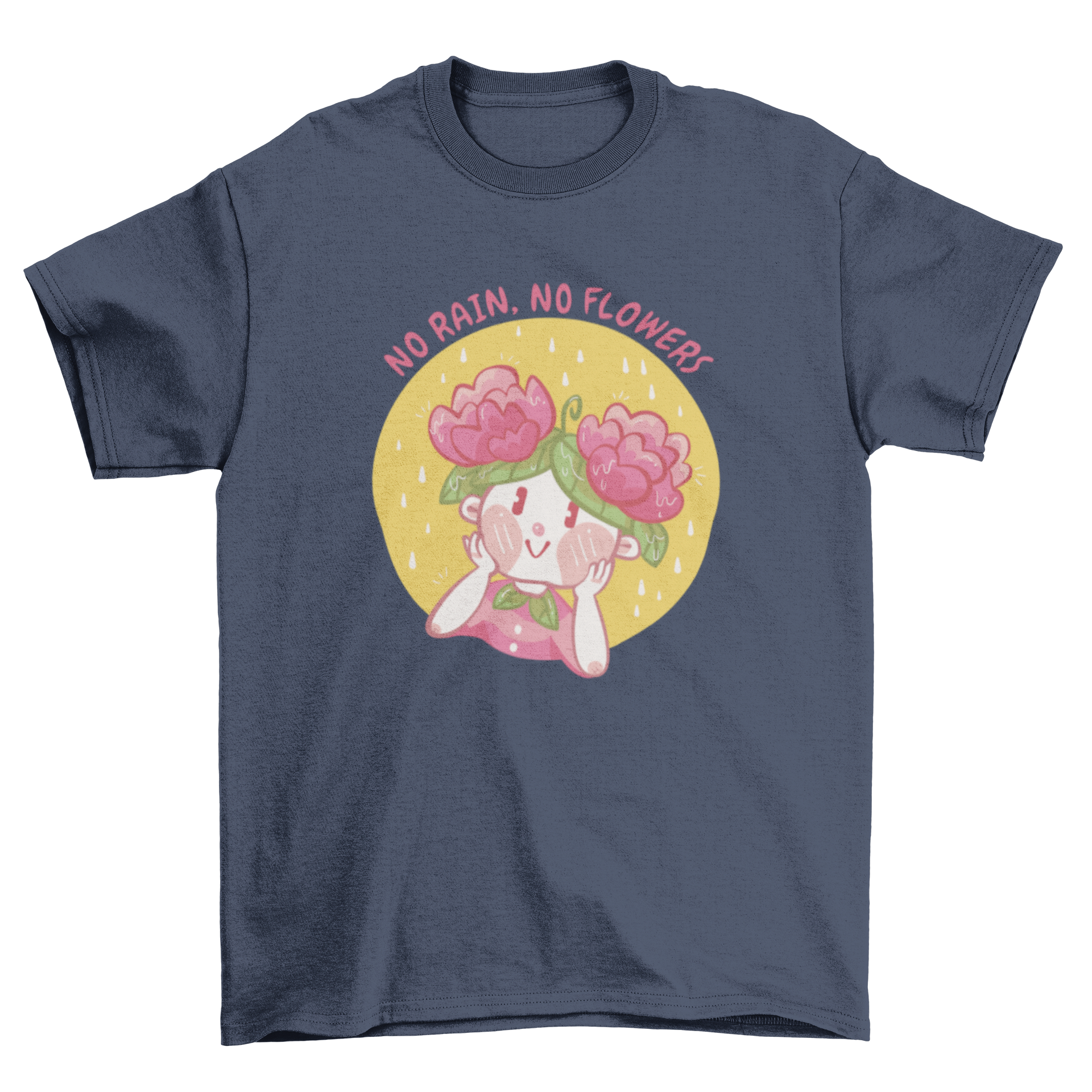 A stylish t-shirt featuring a cute girl graphic and the quote 'No rain, no flowers' in vibrant colors.