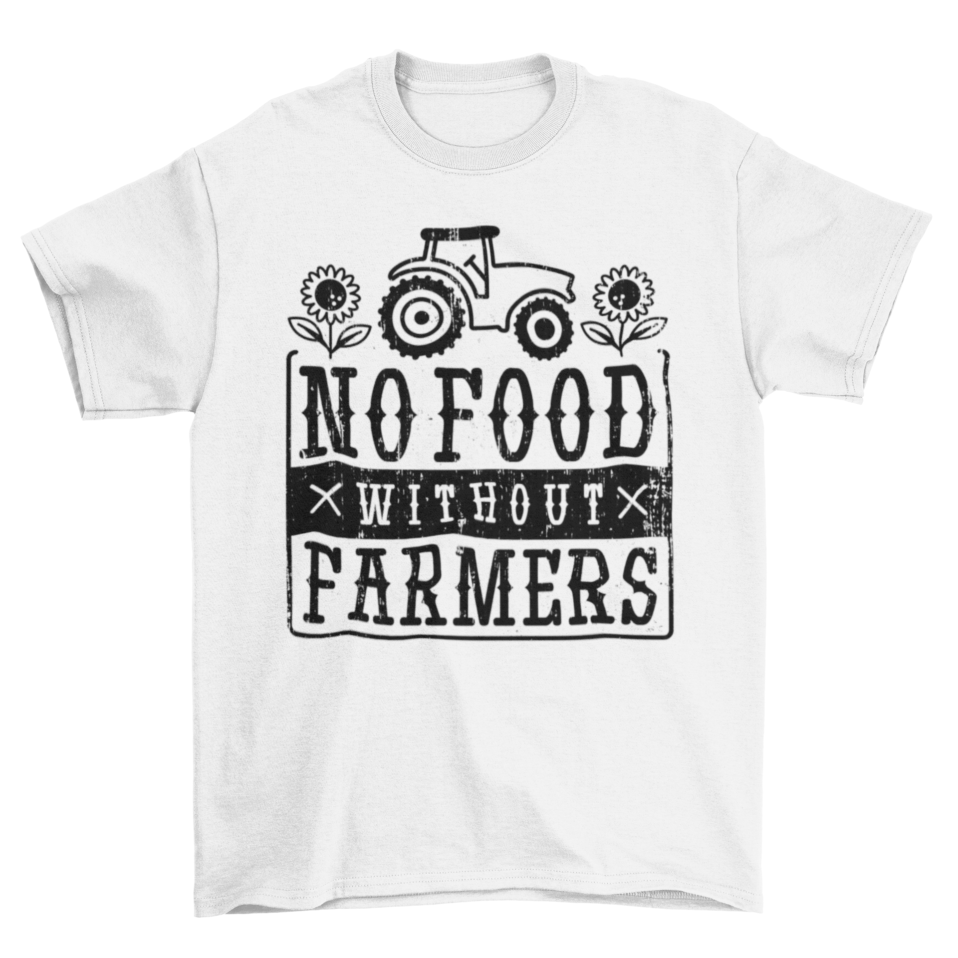 A stylish t-shirt featuring the quote 'No food without farmers' in bold typography, perfect for casual wear.