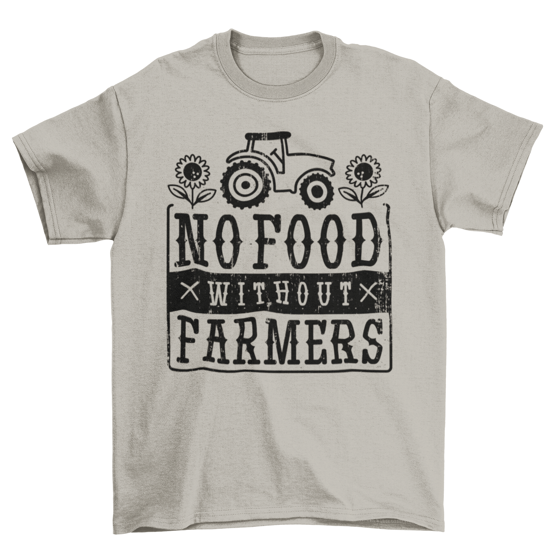 A stylish t-shirt featuring the quote 'No food without farmers' in bold typography, perfect for casual wear.