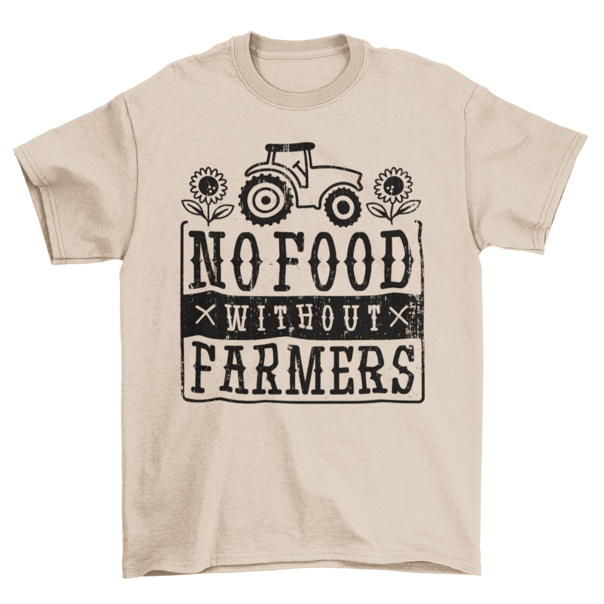 A stylish t-shirt featuring the quote 'No food without farmers' in bold typography, perfect for casual wear.