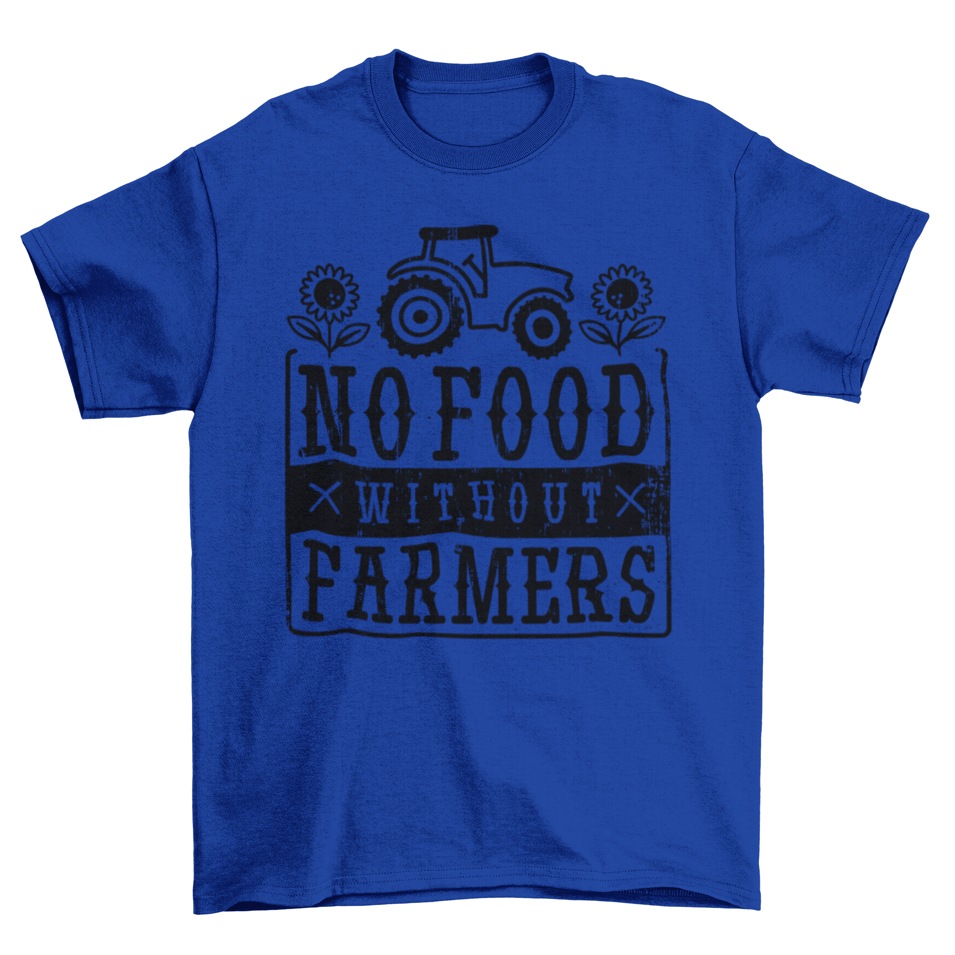 A stylish t-shirt featuring the quote 'No food without farmers' in bold typography, perfect for casual wear.