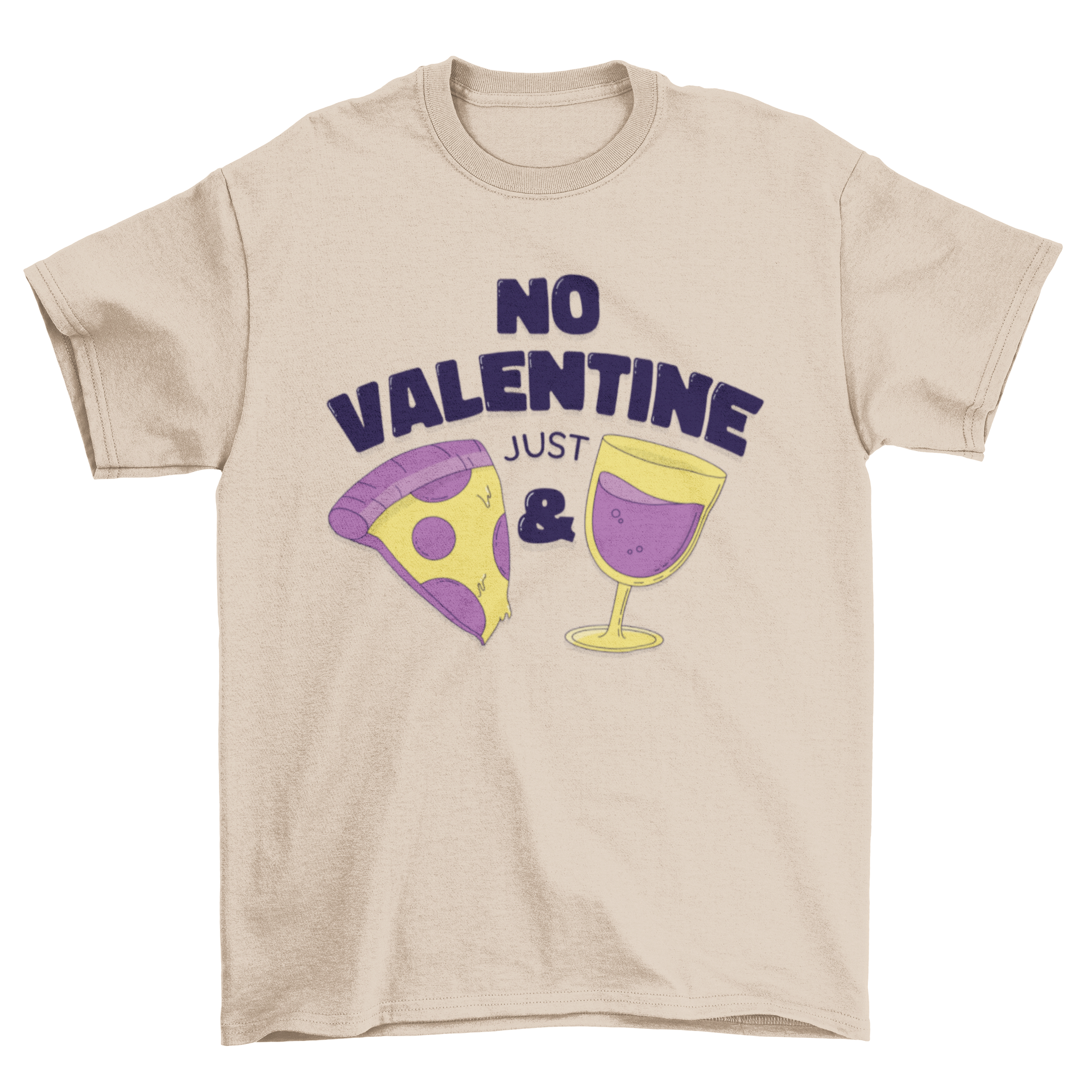 Funny No Valentine t-shirt design featuring pizza and wine illustrations.