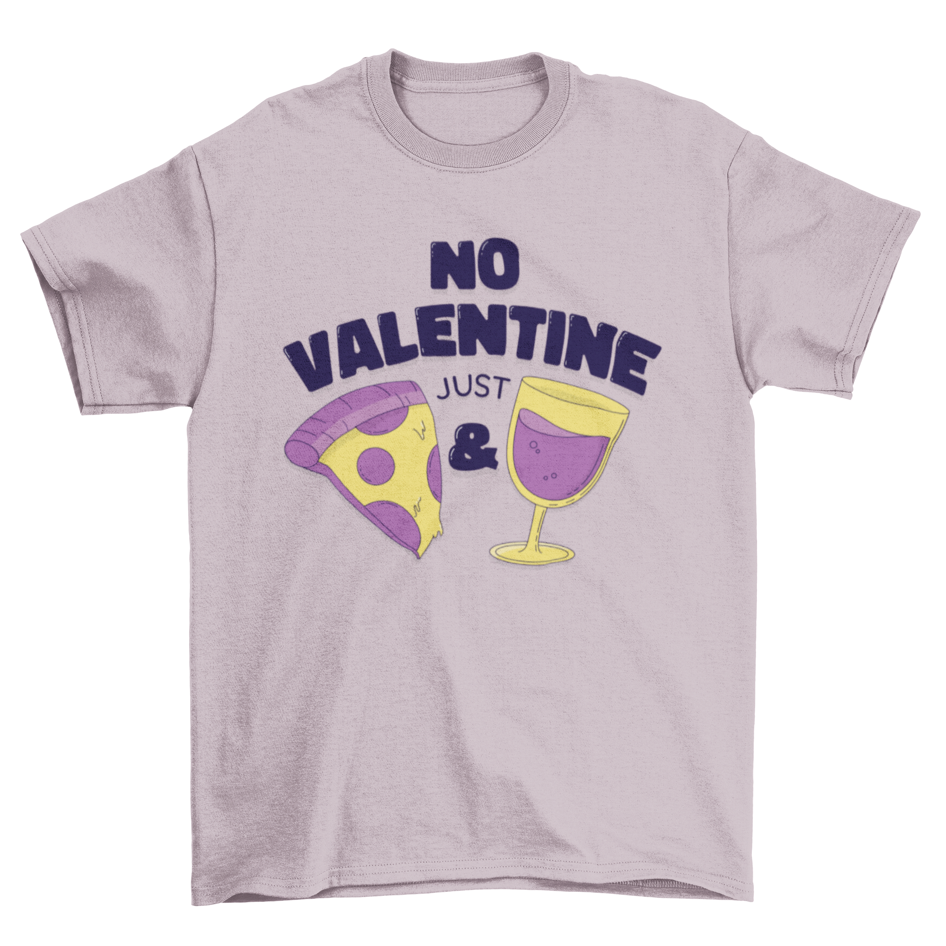 Funny No Valentine t-shirt design featuring pizza and wine illustrations.