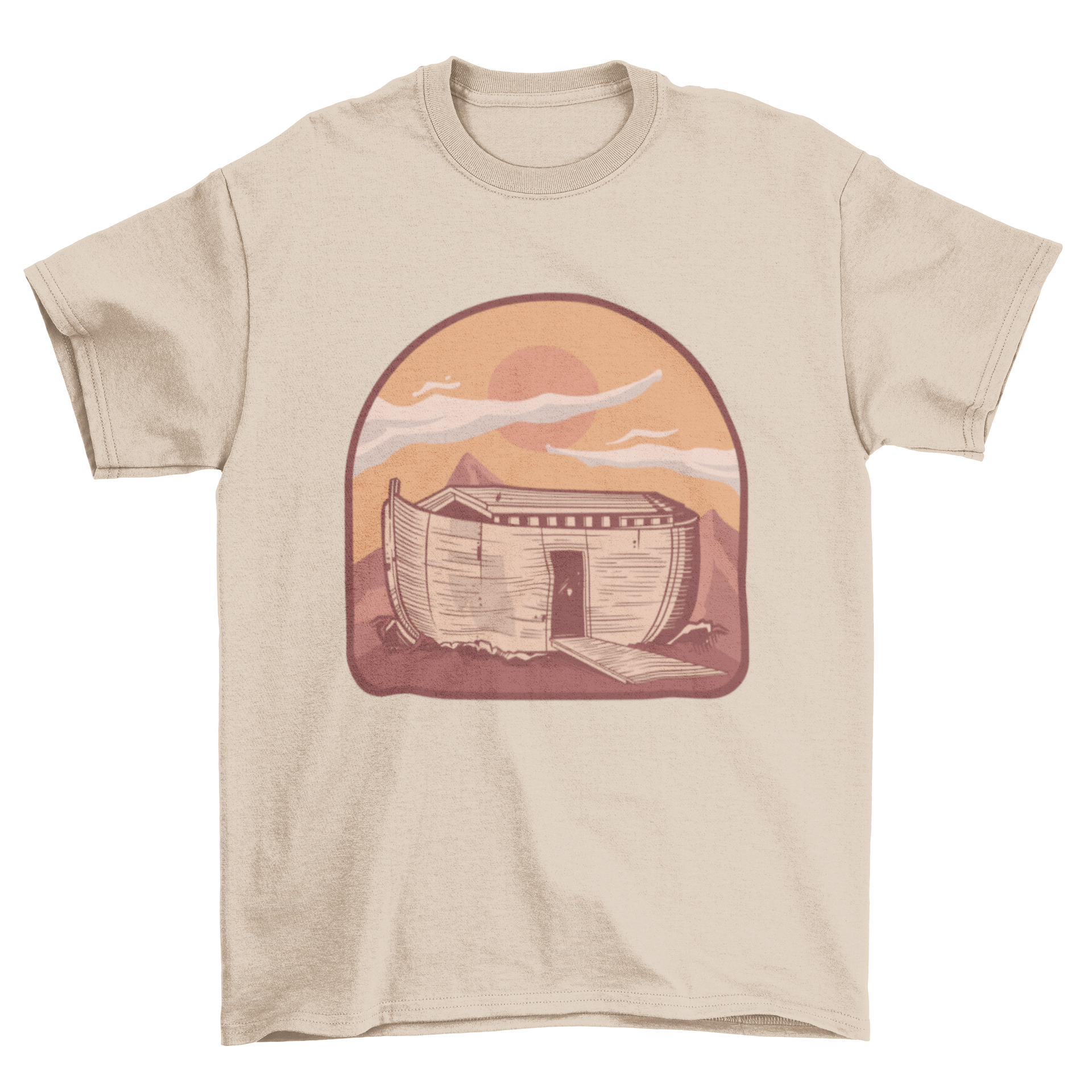 A stylish Noah's Ark t-shirt featuring a colorful illustration of the ark with animals.