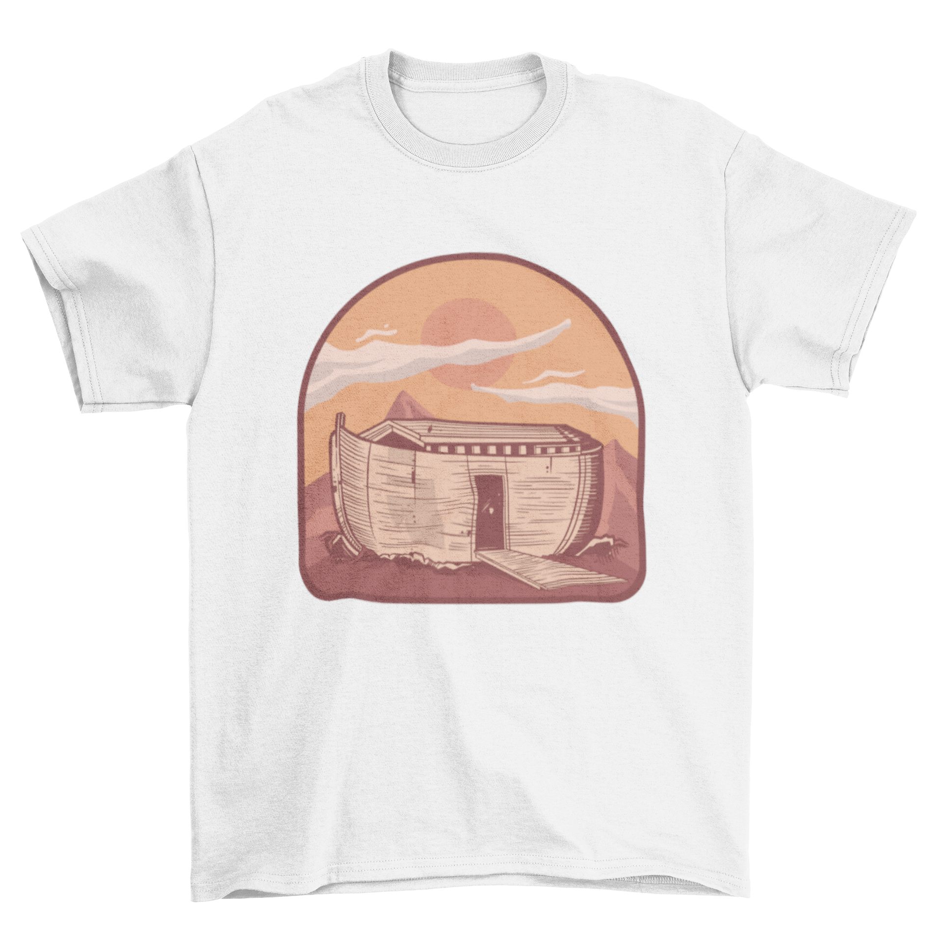 A stylish Noah's Ark t-shirt featuring a colorful illustration of the ark with animals.