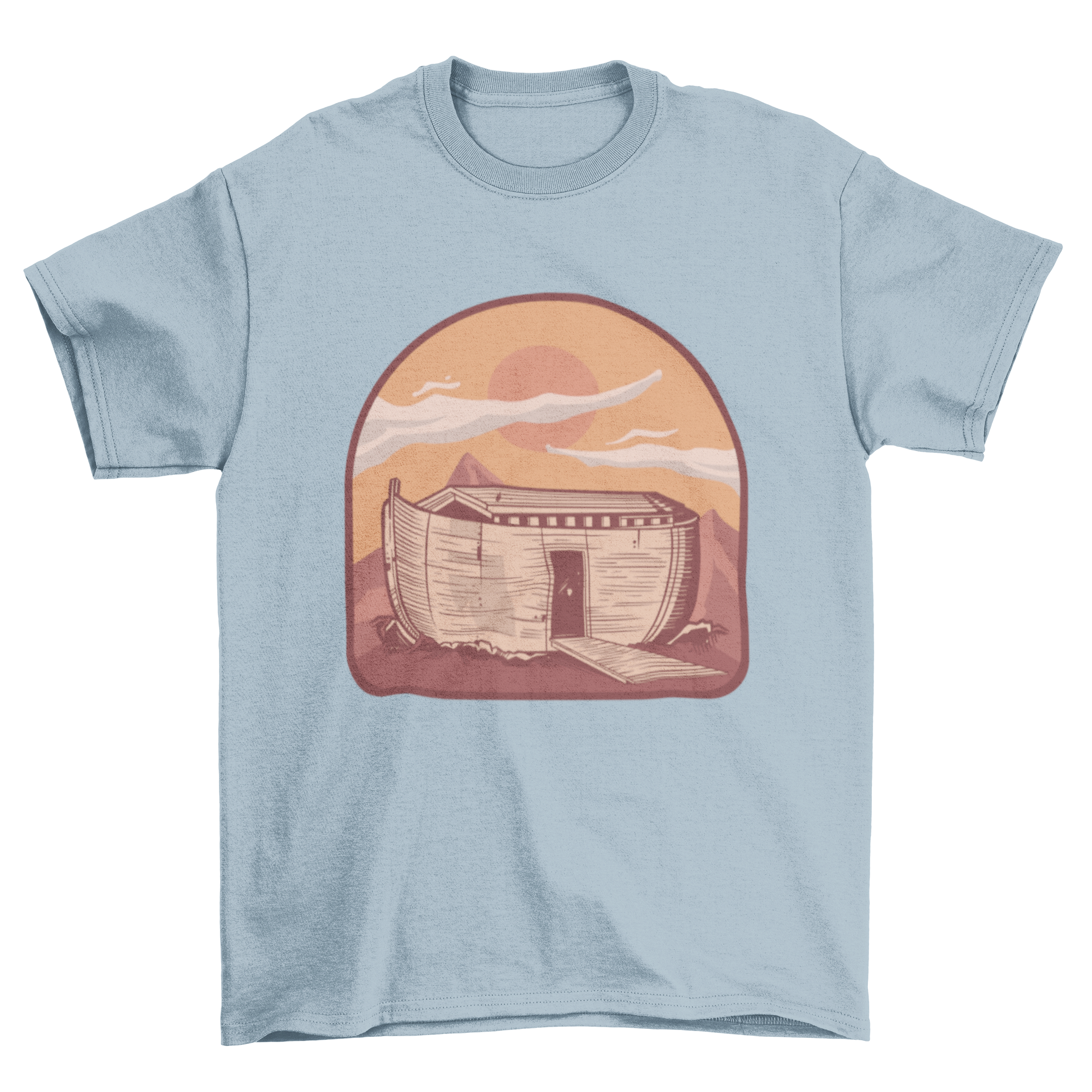 A stylish Noah's Ark t-shirt featuring a colorful illustration of the ark with animals.