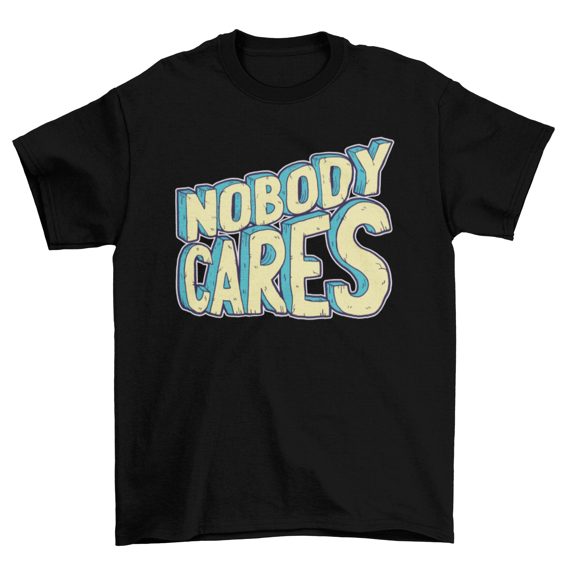 Nobody Cares T-Shirt featuring comic-style lettering in bold print.