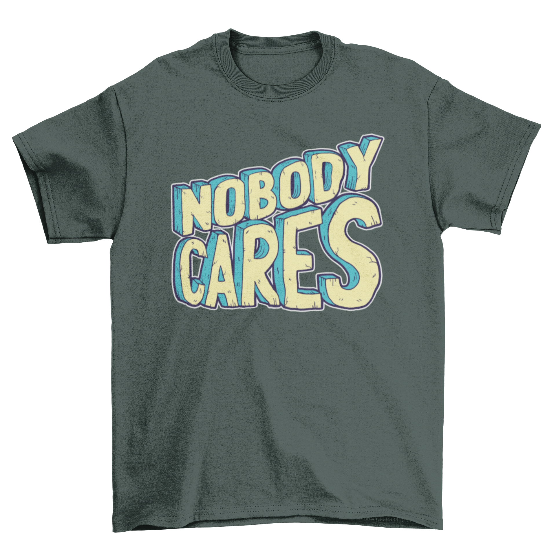 Nobody Cares T-Shirt featuring comic-style lettering in bold print.